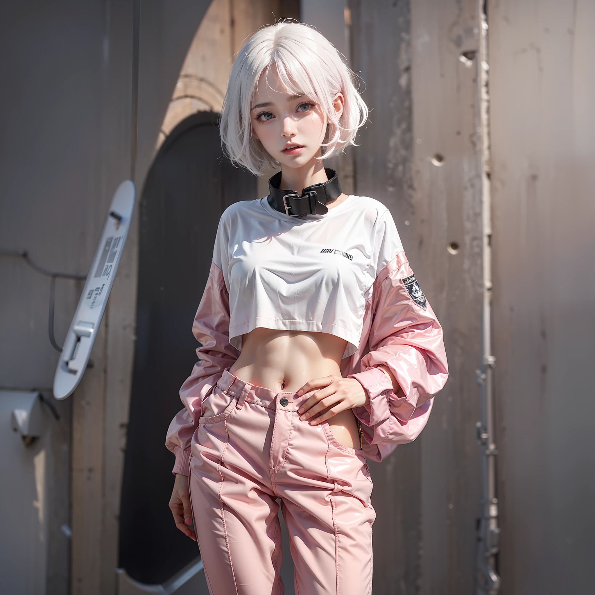 24 years old female model,a matural female,White colored hair,Leaky top of the stomach,Loose pink trousers in pink,Particularly shiny,Short hairstyle,Cover your chest with your left hand,The stands up,hands spread wide,leaning-forward,Inner eight,White collar,White Air Force snowboard shoes
