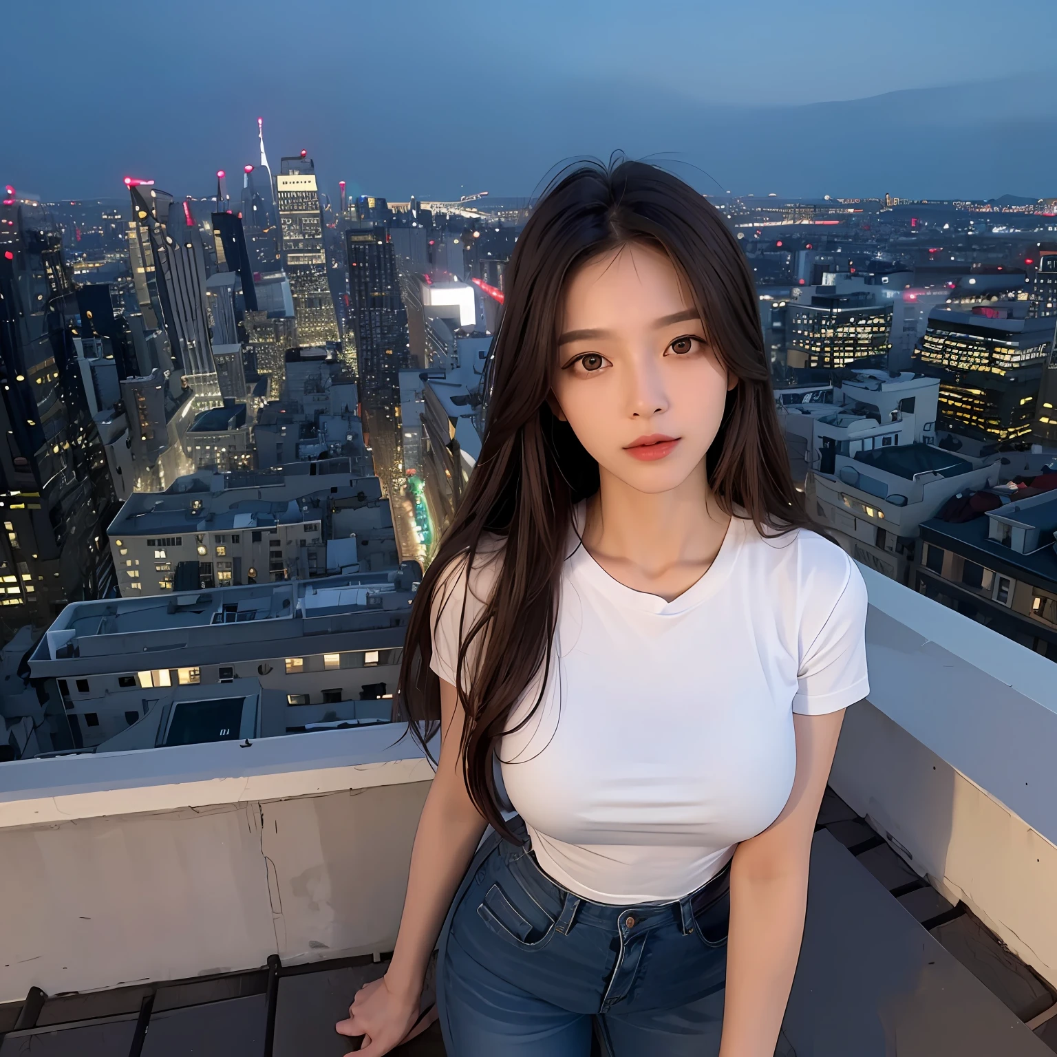 ((Midnight, Best quality, 8k, Masterpiece :1.3)), Whole body, Long legs, Sharp focus :1.2, A pretty woman with perfect figure :1.4, Slender abs :1.1, ((Dark brown hair, Big breasts :1.2)), (White tight tshirt, Jean bib, Standing:1.2), ((Night city view, Rooftop:1.3)), Highly detailed face and skin texture, Detailed eyes, Double eyelid --auto