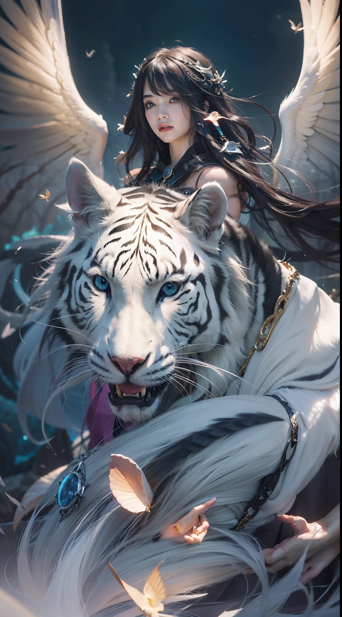 Magic Book,Blood,Night, Dark, (Fantasy),infinite,deep blue sky,The abyss of knowledge,Cowledge,((masutepiece)), (((Best Quality))),((Beautiful fine eyes)),(Eye lashes)、Beautiful girl riding a white tiger、(女の子1人)、Perfect human body structure、Black hair、The long-haired、abyss eyes、glowy skin、oils、small tits、(Bird body、pluma)、Wizard robes、tattered cloth、Realistic coat、Teenchi、elvish、Super delicate CG Unity 32k wallpaper、​masterpiece, ((ultra-detailliert)), ((illustratio)),colourfull,wall-paper,The energy,Unknown terror,Incomprehensible,Around the magic,Magical surroundings,magic wands,Boken,Flying pages,Know everything,Predict the future、Get to know the past、Infinite wisdom、blue flames、Warlock、magic circles、Pentagram、Spells、mantra、Singing magic