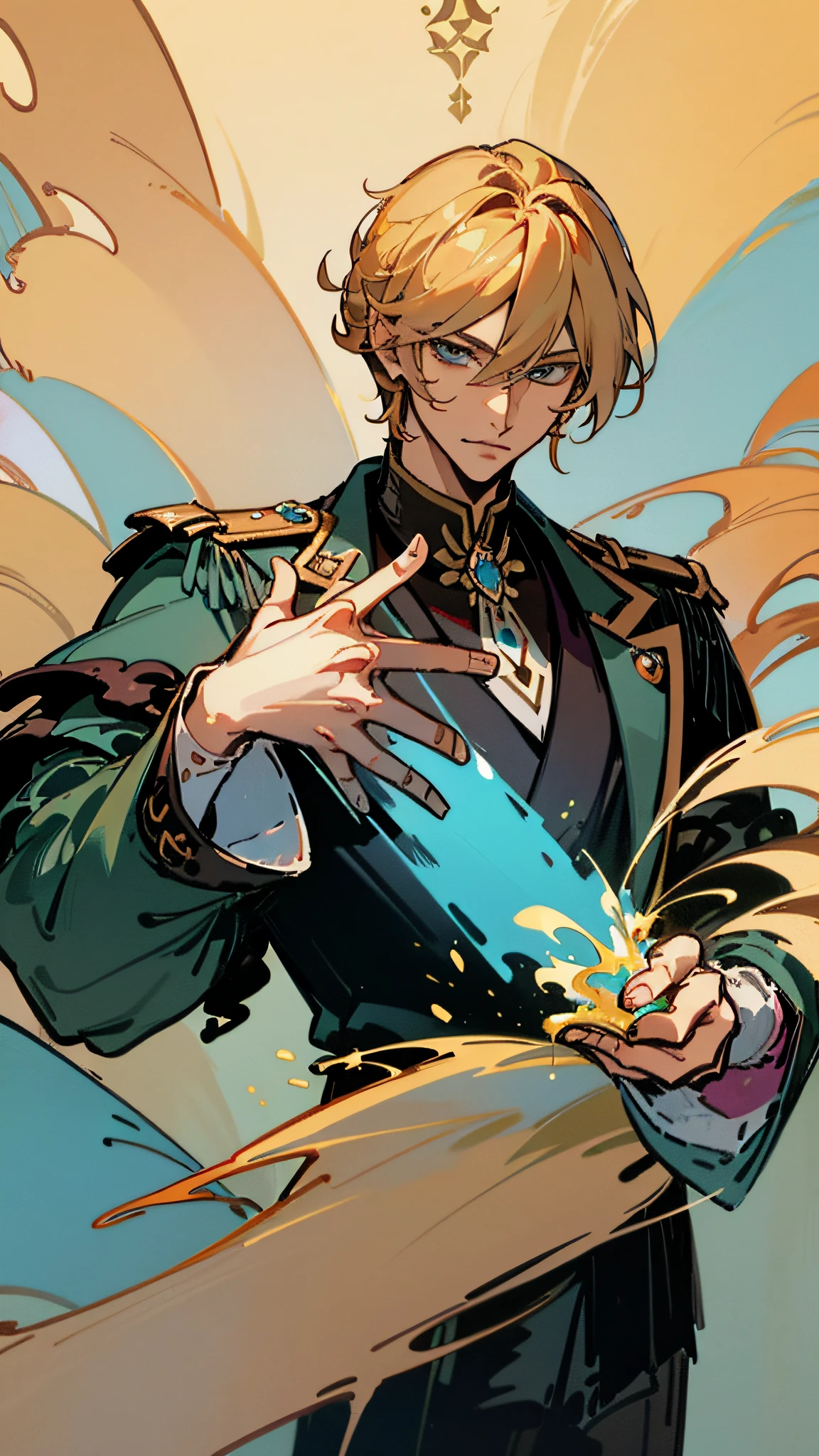 A young man of twenty, golden hair and blue eyes, handsome, cool, prince of empire, luxurious clothes, (((Painting))), (((Perfect hands))) (((Anime))), (((Arbg)), (((Fantasia)))