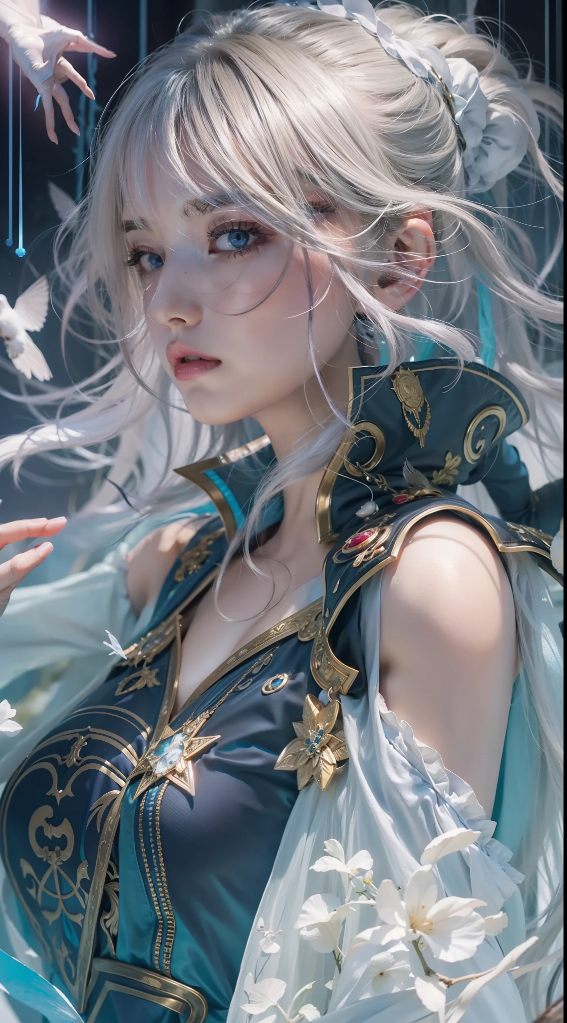 Magic Book,Blood,Night, Dark, (Fantasy),infinite,deep blue sky,The abyss of knowledge,Cowledge,((masutepiece)), (((Best Quality))),((Beautiful fine eyes)),(Eye lashes)、Beautiful girl riding a white tiger、(女の子1人)、Perfect human body structure、Black hair、The long-haired、abyss eyes、glowy skin、oils、small tits、(Bird body、pluma)、Wizard robes、tattered cloth、Realistic coat、Teenchi、elvish、Super delicate CG Unity 32k wallpaper、masterpiece, ((ultra-detailliert)), ((illustratio)),colourfull,wall-paper,The energy,Unknown terror,Incomprehensible,Around the magic,Magical surroundings,magic wands,Boken,Flying pages,Know everything,Predict the future、Get to know the past、Infinite wisdom、blue flames、Warlock、magic circles、Pentagram、Spells、mantra、Singing magic