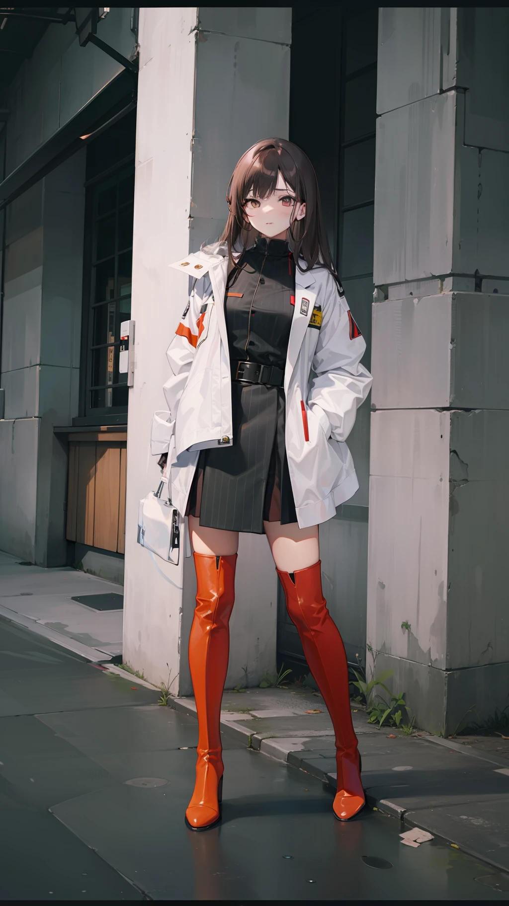Long brown hair,Sexy uniforms,Red over-the-knee boots,Sexy standing pose