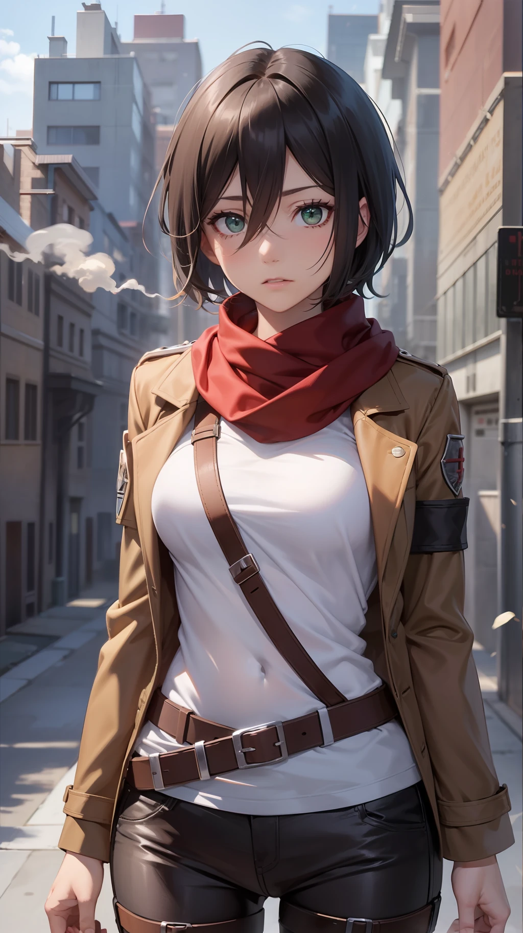 aot style, shingeki no kyojin,

mikasa ackerman,

1girl, arm strap, bangs, black hair, black pants, breasts, cowboy shot, embers, green eyes, grey background, hair between eyes, harness, long sleeves, looking at viewer, medium breasts, pants, red scarf, scarf, shirt, short hair, smoke, solo, thigh strap,  brown jacket, white shirt, survey corps \(emblem\)

, ((masterpiece)), best quality
,