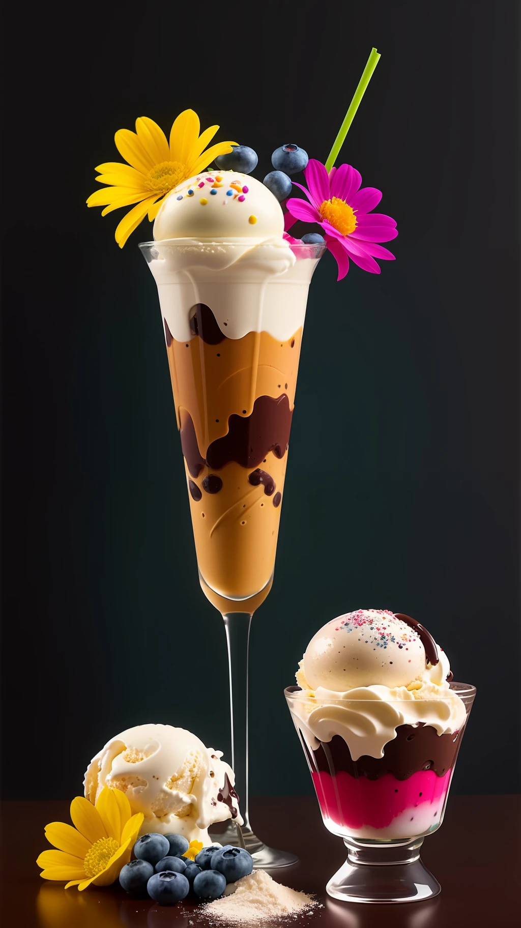 Colorful flowers on the table,
knickerbocker glory, tall and ultra-thin glasses, colorful ice cream, purple ice cream, raspberry, cooley, blueberry, chopped chocolate, powdered sugar, intricate, oil on canvas, masterpiece, expert, detail, 4K resolution, splash art, concept art, composition, framing, refined features,