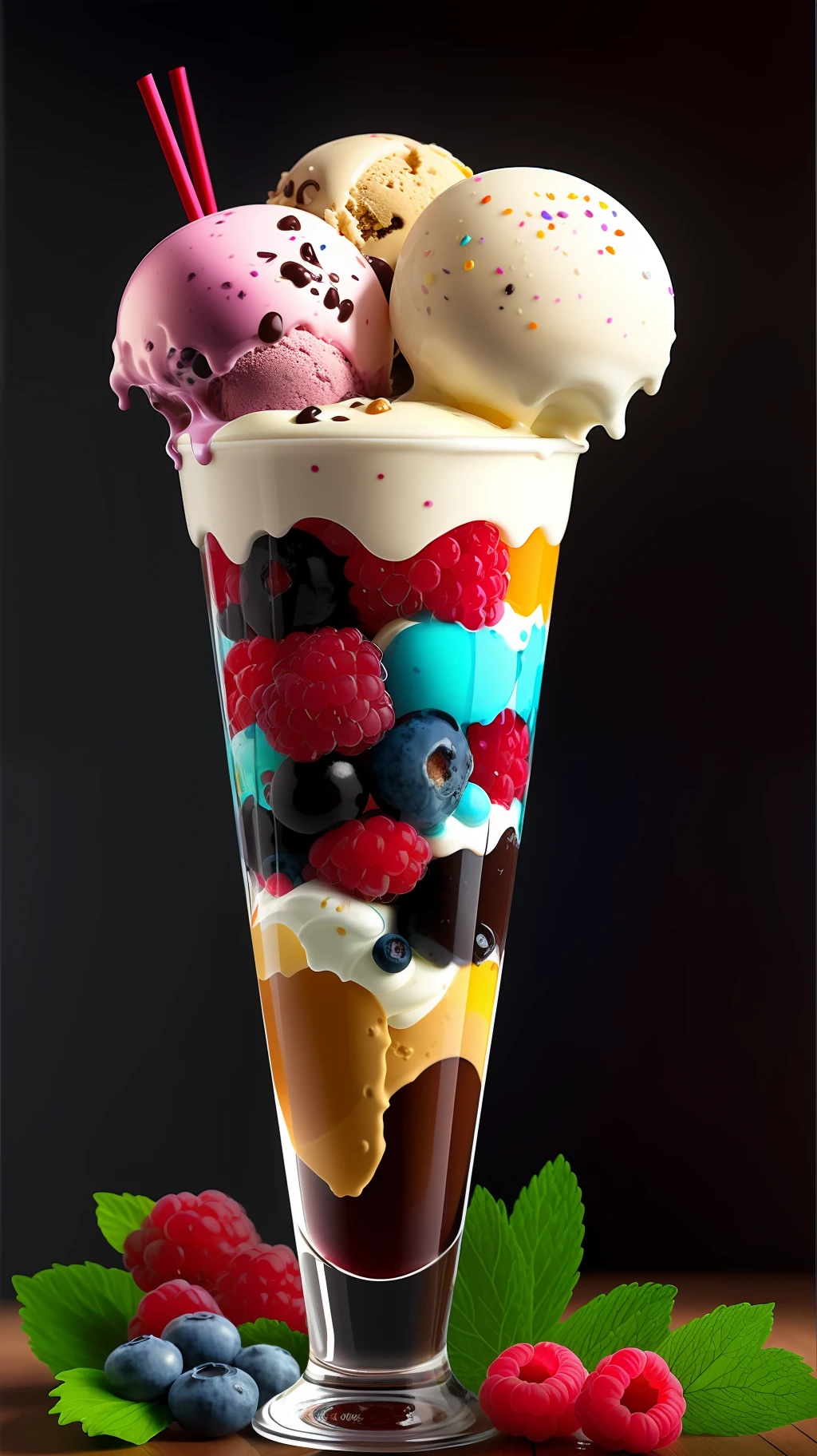 Colorful flowers on the table,
knickerbocker glory, tall and ultra-thin glasses, colorful ice cream, purple ice cream, raspberry, cooley, blueberry, chopped chocolate, powdered sugar, intricate, oil on canvas, masterpiece, expert, detail, 4K resolution, splash art, concept art, composition, framing, refined features,