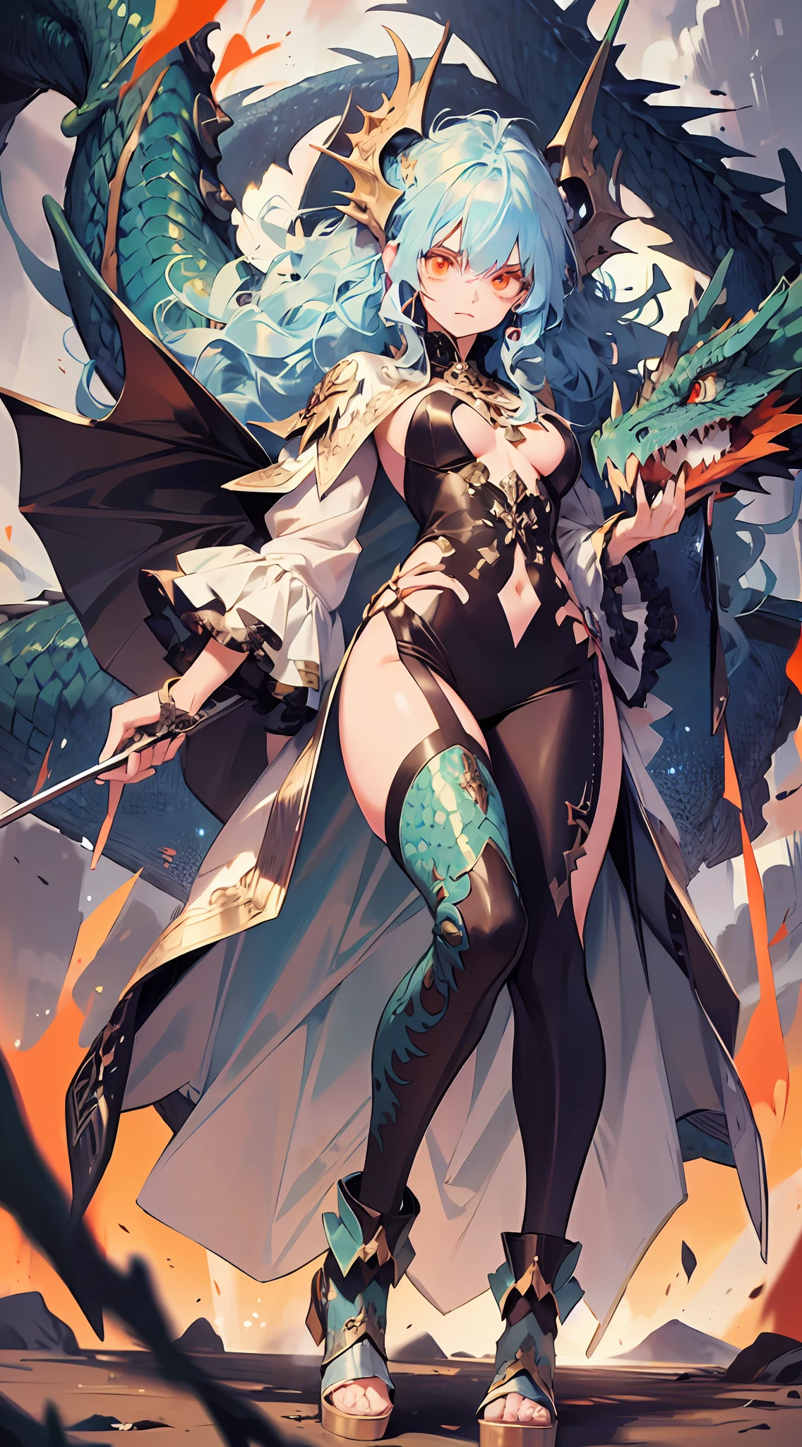 1girl, orange and blue hair, bright silver eyes, modern clothing, fashion outfit, ultra curly hair, dragon with green scales and red eyes, background is magnificent and ultra detailed, cute face, pretty, floating pose, cute legs, fullbody