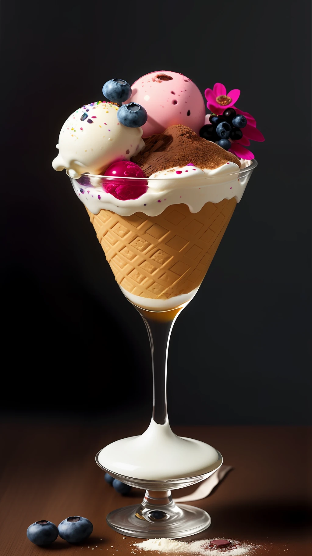 Colorful flowers on the table,
knickerbocker glory, tall and ultra-thin glasses, colorful ice cream, purple ice cream, raspberry, cooley, blueberry, chopped chocolate, powdered sugar, intricate, oil on canvas, masterpiece, expert, detail, 4K resolution, splash art, concept art, composition, framing, refined features,