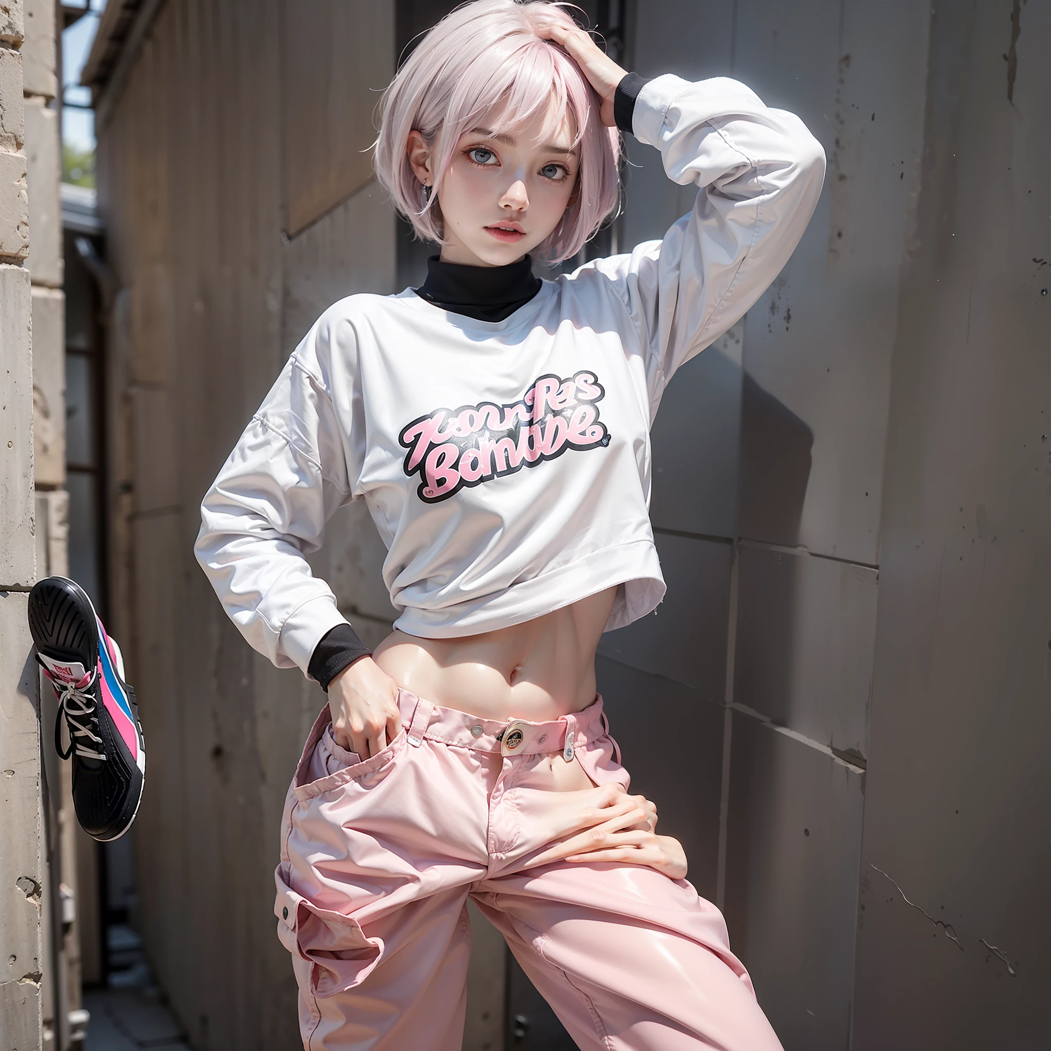 24 years old female model,a matural female,White colored hair,Leaky top of the stomach,Loose pink trousers in pink,Particularly shiny,Short hairstyle,Cover your chest with your left hand,The stands up,hands spread wide,leaning-forward,Inner eight,White collar,White Air Force snowboard shoes