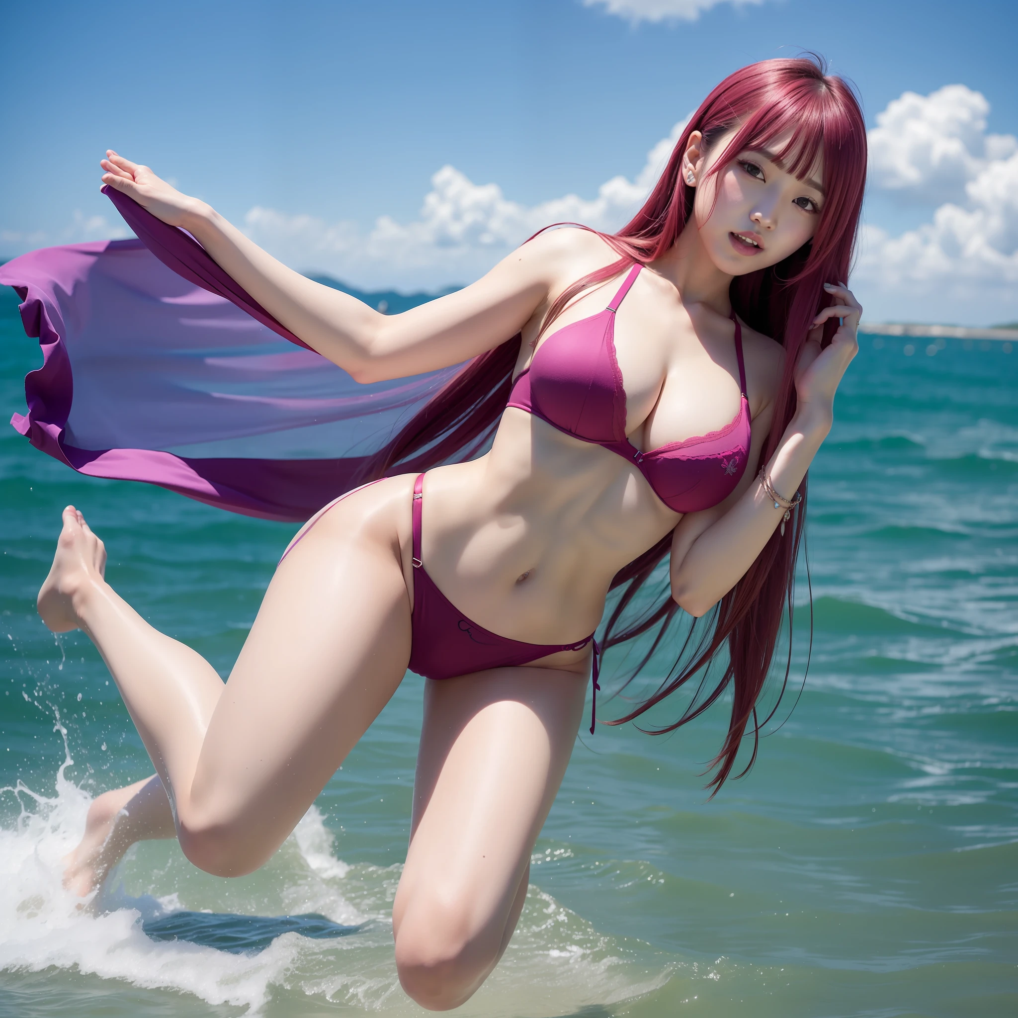 韓国アイドル、1a person、In the sea、pinkhair、Sheer bra、Colossal tits、Gorgeous lower body、Jumping、reefs、Opening legs、straight haired、long hair that grows to the waist、A delightful、Raise both hands