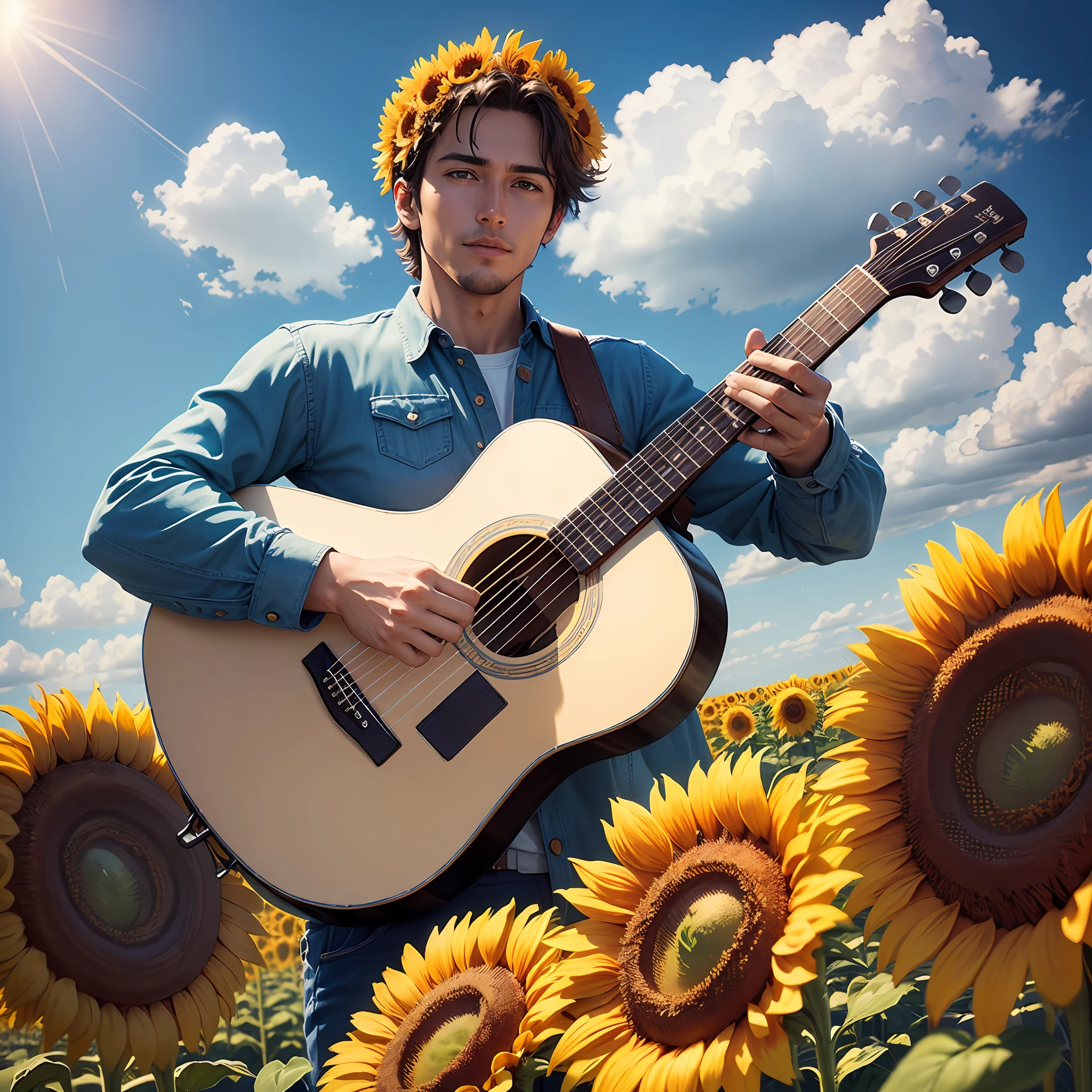 Handsome background sunflower field folk guitar blue sky super wide angle --auto