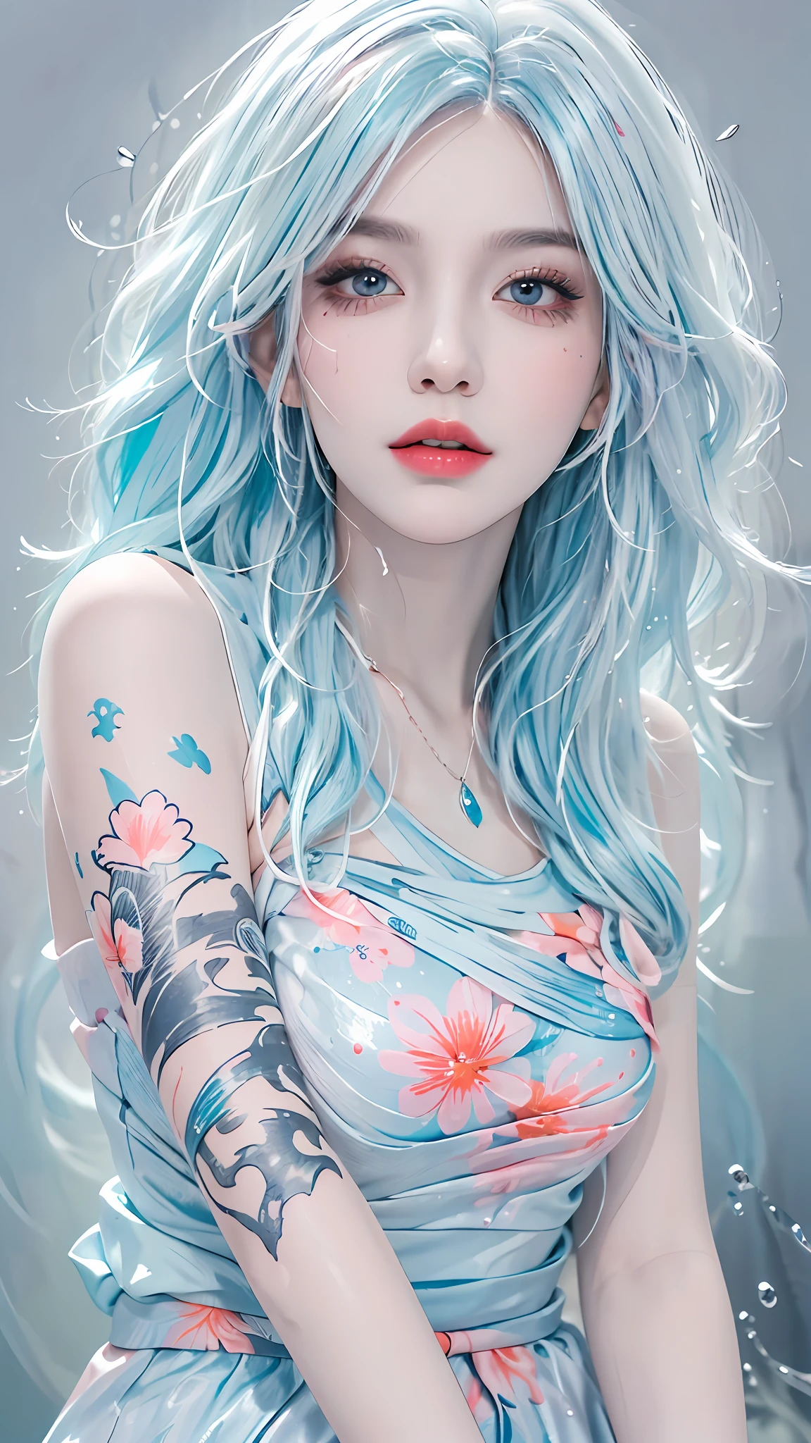 (Masterpiece, Best Quality, High Resolution), White Background, Acrylic Paint, ((Color Splash, Splash of Ink, Color Splash)), Sweet Girl, Long Light Blue Hair, [Light Blue|Pink] Hair, Curly Hair, Glitter, Peach Lips, tatoo, elegant dress, Front, hips up