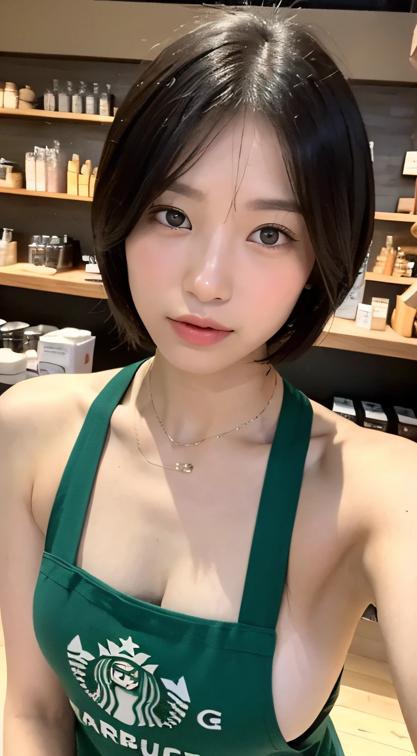 ((top-quality、8K、​masterpiece:1.3))、foco nítido:1.2、A beautiful woman with perfect body:1.4、((Layered Haircut、small tits:1.2))、(no-bra) (Small and beautiful hard nipple) 、(Black polo shirt、Green apron)、(Inside the Starbucks store:1.2)、Starbucks apron、Wet body:1.1、Highly detailed facial and skin texture、 Detailed eye、二重まぶた、skin tanned、A sexy、sun burn