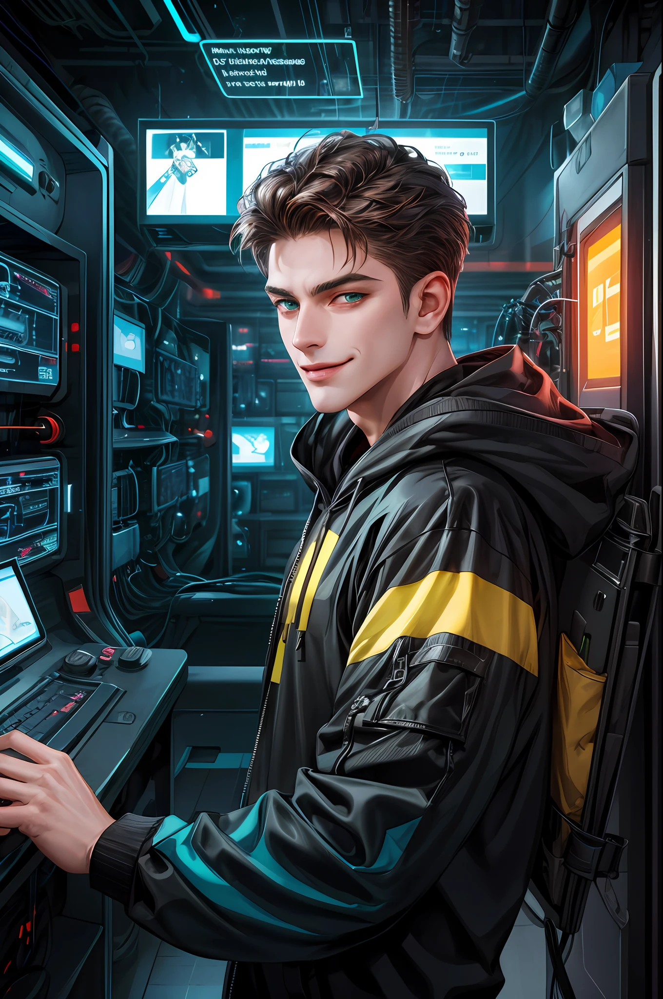(Absurdres, Intricate Details, Masterpiece, Best Quality, High Resolution, 8k), 1 male, swedish, mature, aged up, handsome, finely detailed eyes and face, brown quiff hair, teal eyes, looking at viewer, solo, (full body:0.6), detailed background, detailed face, (CircuitBoardAI, electronic theme:1.1) evil high-tech futuristic hacker, smirk, advanced technology, hoodie, techwear, keycard, cables, (holographic display:1.05), error message, computer, password, server room in background, orange lights, cyber-warfare, dark sinister atmosphere, Depth of Field, VFX.