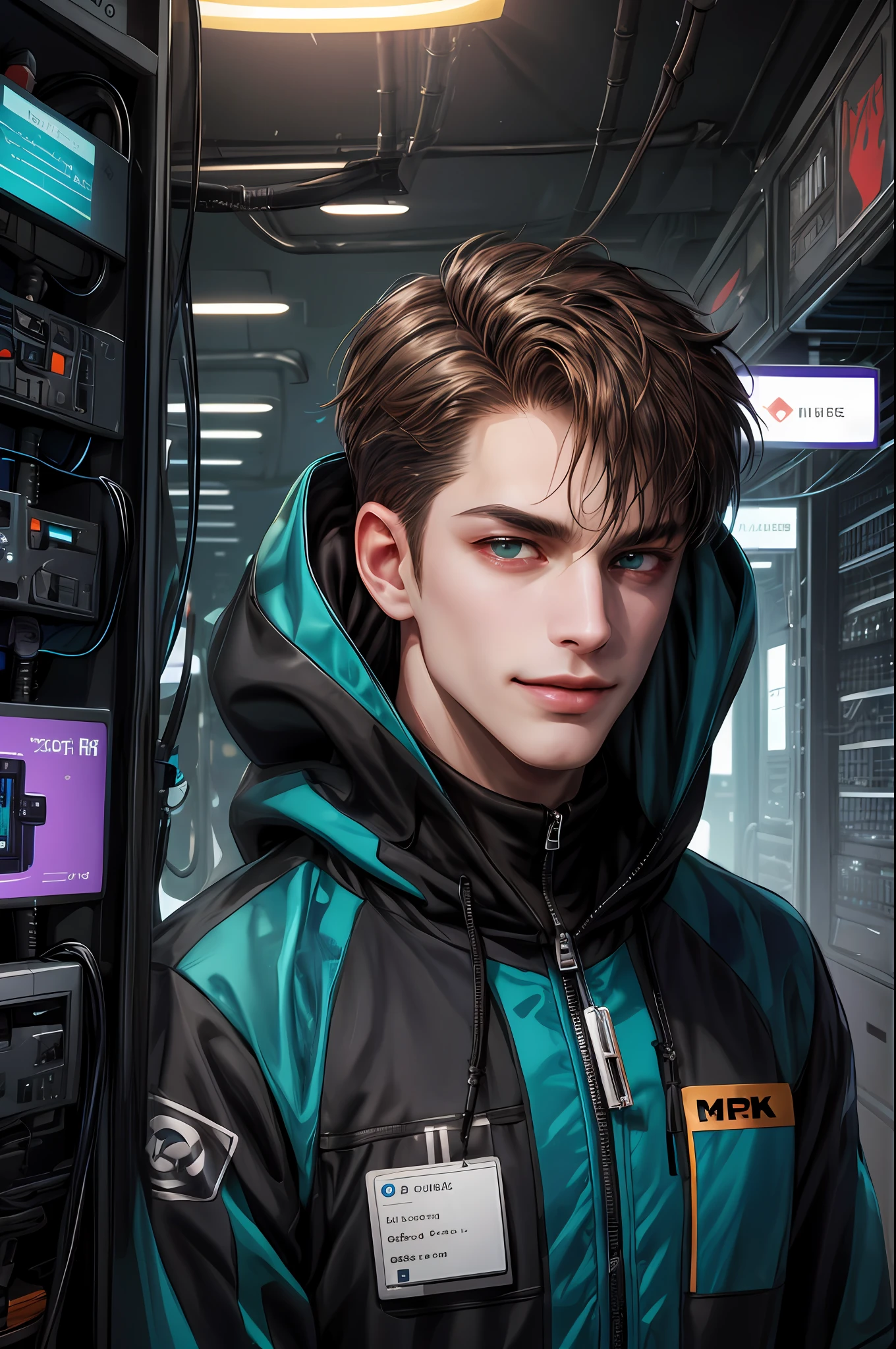 (Absurdres, Intricate Details, Masterpiece, Best Quality, High Resolution, 8k), 1 male, swedish, mature, aged up, handsome, finely detailed eyes and face, brown quiff hair, teal eyes, looking at viewer, solo, (full body:0.6), detailed background, detailed face, (CircuitBoardAI, electronic theme:1.1) evil high-tech futuristic hacker, smirk, advanced technology, hoodie, techwear,  keycard, cables,   (holographic display:1.05), error message,  computer, password, server room in background, orange lights, cyber-warfare, dark sinister atmosphere,  Depth of Field, VFX.