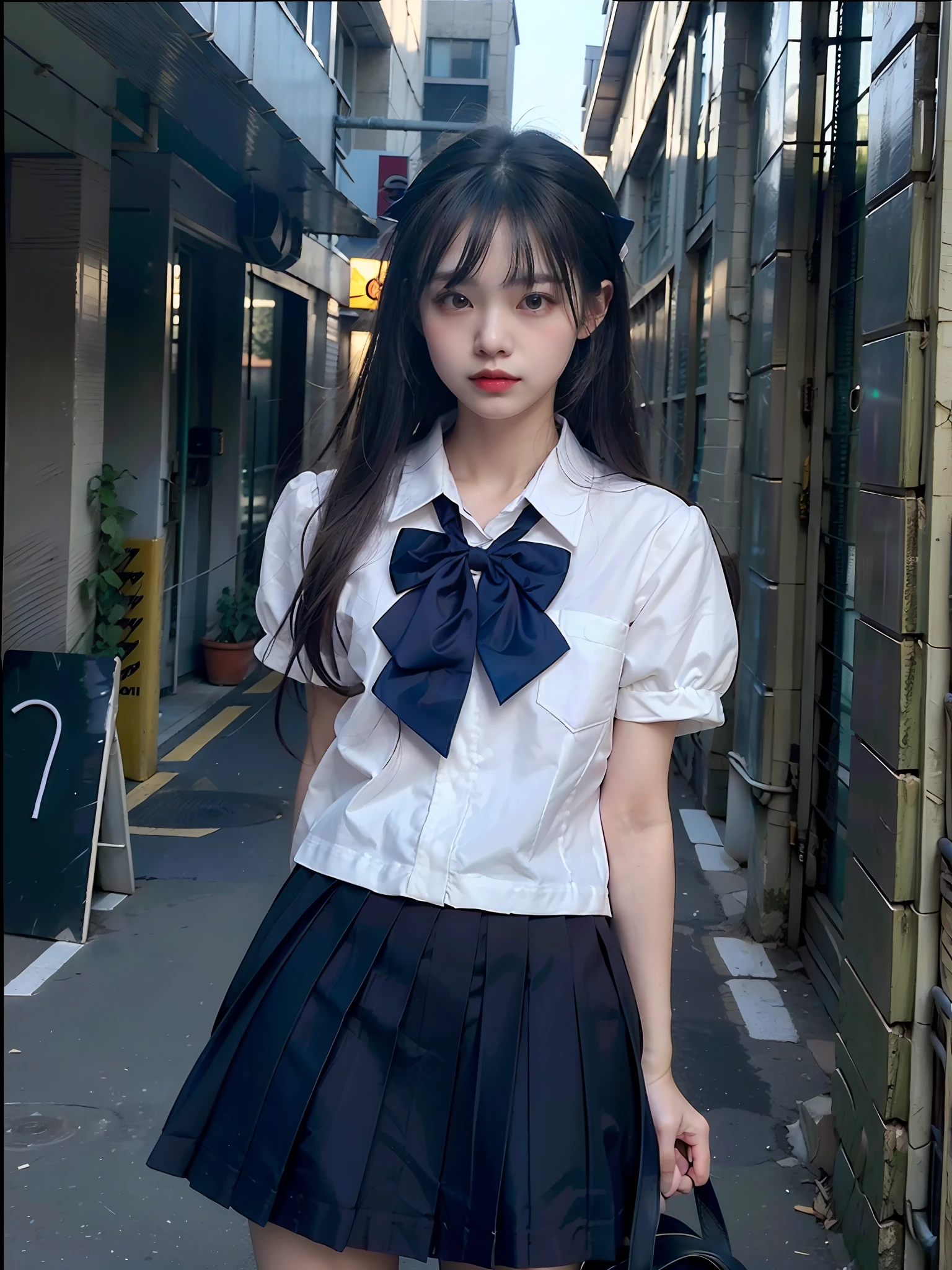 (8k, RAW photo, best quality, masterpiece:1.3),(realistic,photo-realistic:1.37),(night),(looking at viewer:1.331),(white hair),posing,Tokyo street,nightcityscape, cyberpunk city,soft light,1girl,extremely beautiful face,bust,put down hands,Random hairstyle,Random expression,big eyes, ,lower abdomen,(short-sleeved 
JK_shirt),JK_style,(dark blue JK_skirt) ,(bow JK_tie),mix4