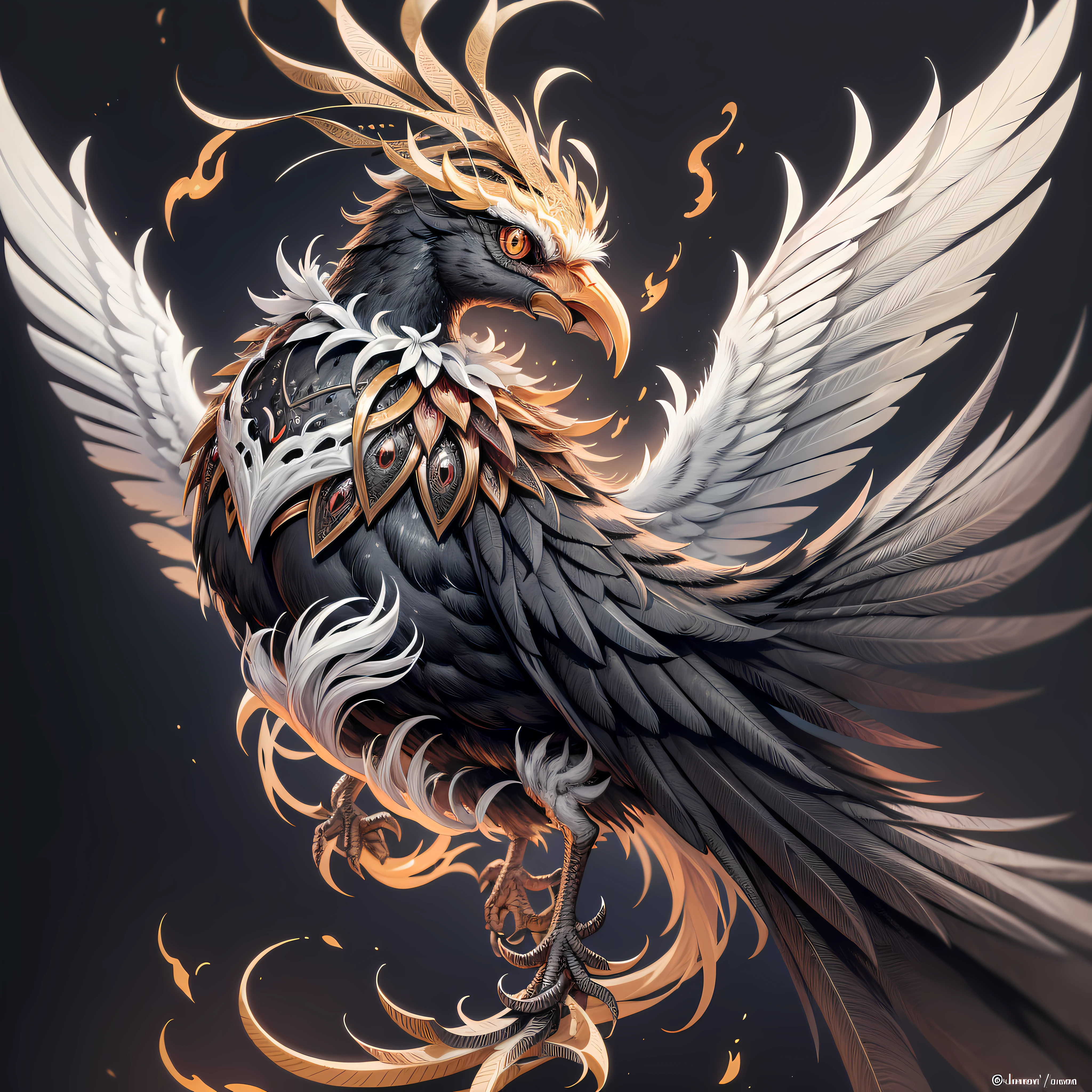 A printable black and white coloring page, high resolution Fênix Flamejante: This bird has feathers that appear to be made of flames, its eyes are like miniature suns. It has the power to regenerate from ashes and control fire. --auto --s2