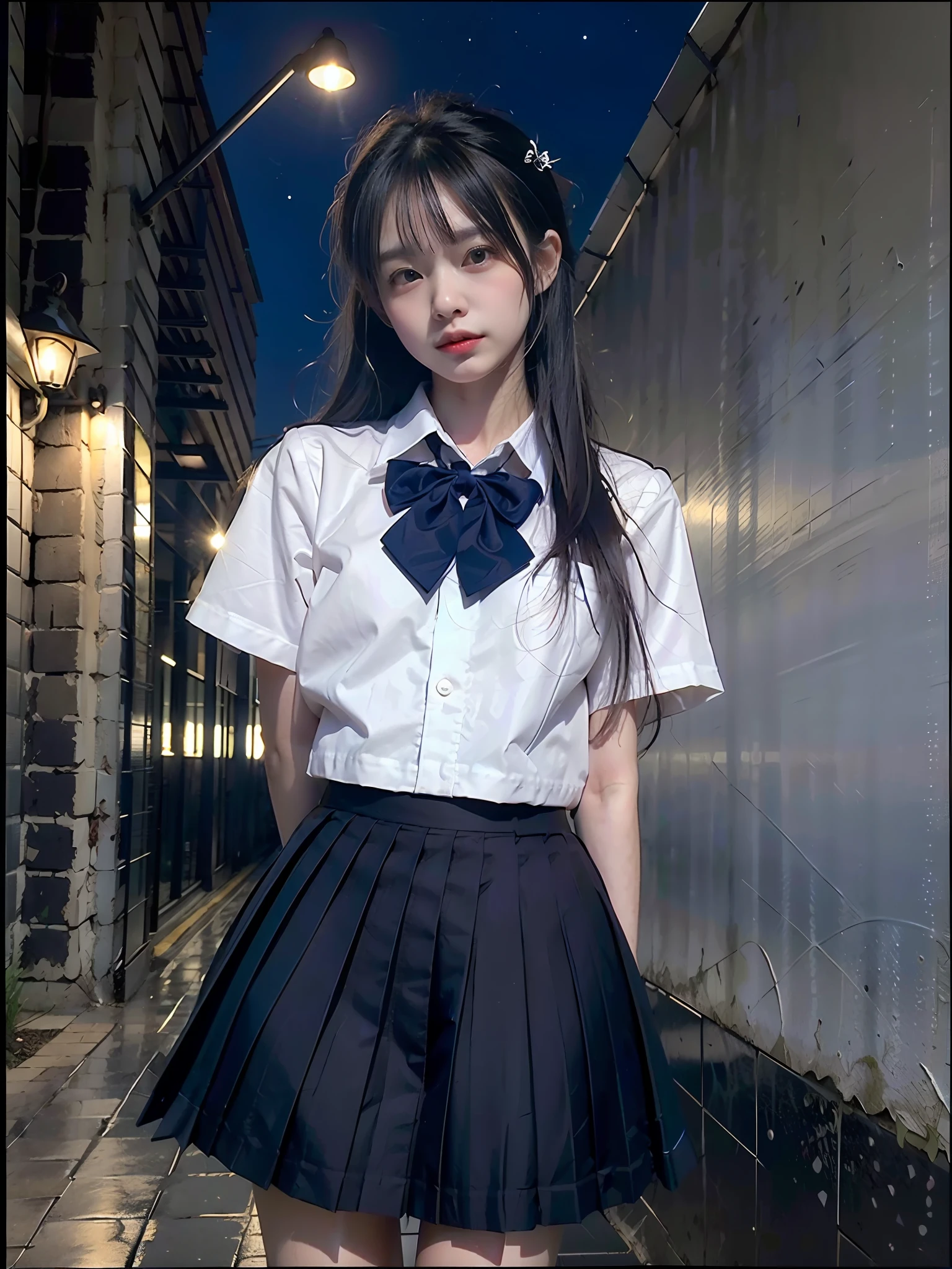 (8k, RAW photo, best quality, masterpiece:1.3),(realistic,photo-realistic:1.37),(night),(looking at viewer:1.331),(white hair),posing,Tokyo street,nightcityscape, cyberpunk city,soft light,1girl,extremely beautiful face,bust,put down hands,Random hairstyle,Random expression,big eyes, ,lower abdomen,(short-sleeved 
JK_shirt),JK_style,(dark blue JK_skirt) ,(bow JK_tie),mix4