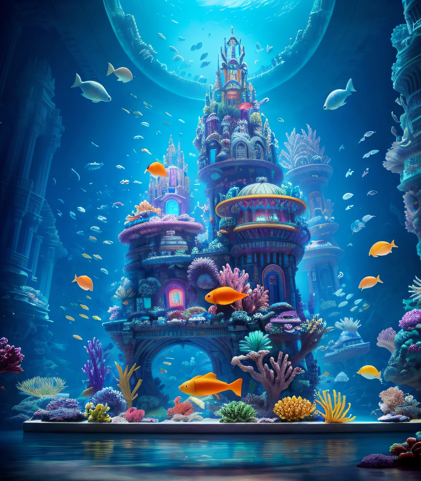 There is a very large aquarium，There are many different types of fish inside, an underwater city, an underwater city, futuristic underwater metropolis, Underwater temple with fish, Undersea temple, colorful concept art, undersea environment, tropical reef, atlantis background, jen bartel, 8K high quality detailed art, the reef, Atlantis City, lost city of atlantis