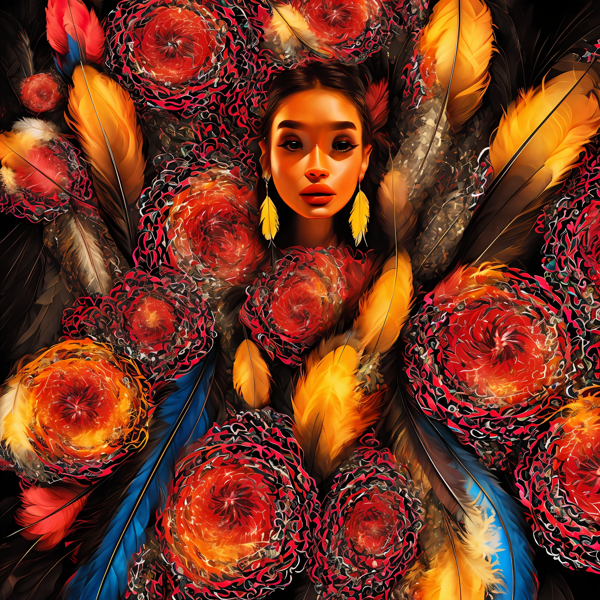 (Masterpiece, Top Quality, Best Quality, Official Art, Beauty and Aesthetics: 1.2), (1girl: 1.3), Very Detailed, (Fractal Art: 1.1), (Black: 1.1) (Flowers: 1.3), Most Detailed, (Zentangle: 1.2), (Dynamic Pose), (Abstract Background: 1.3), (Shiny Skin), (Many Colors: 1.4), ,( earrings), (feathers:1.5), (flamethrowers:1.3), red background, phoenix skirts,