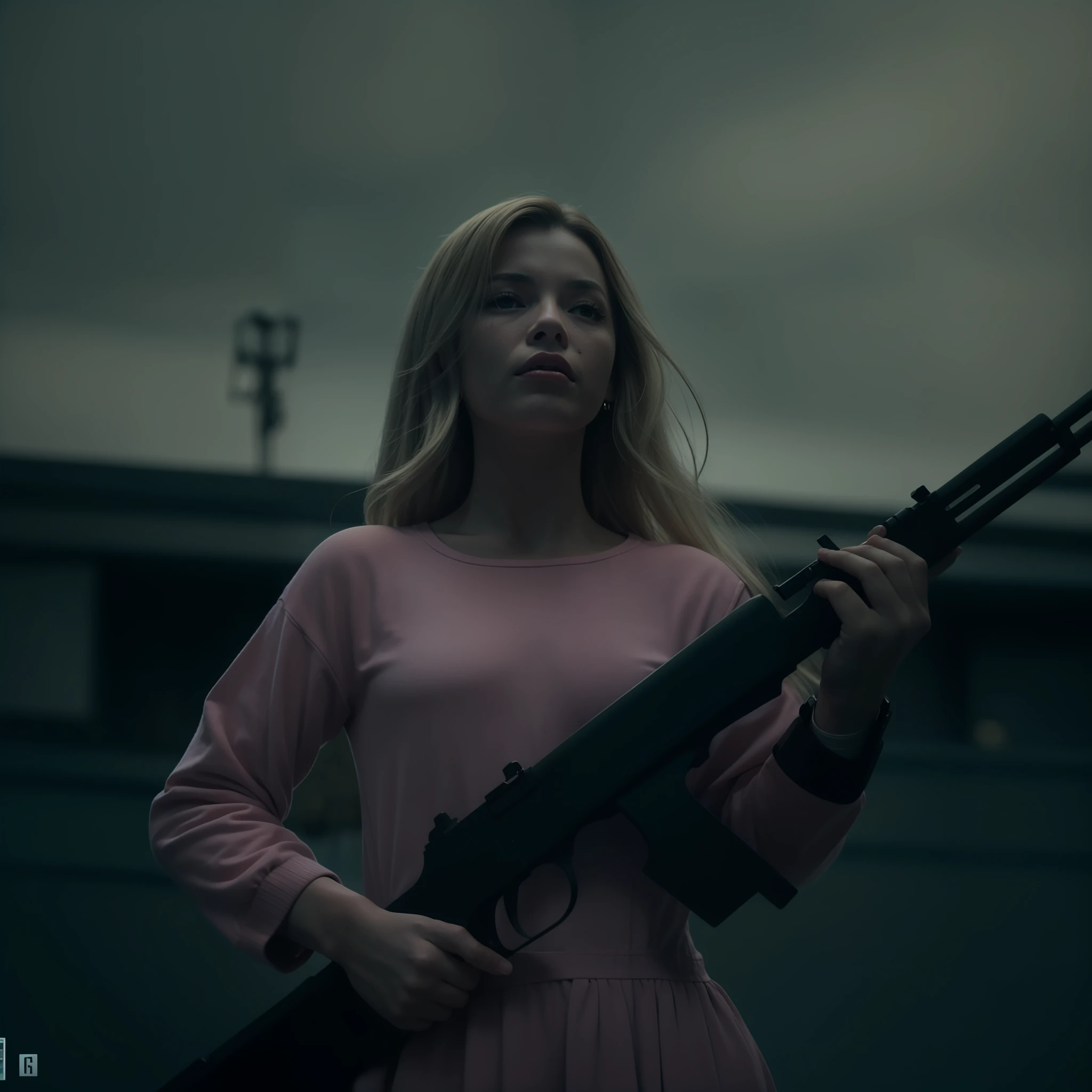 mulher loira nova no cor-de-rosa (( tiro de corpo inteiro )), com um rifle rosa, small town America, ACTION SCENE, depressivo, em dia nublado ,action humor. atmosfera escura, 4K cinematics, Dark cinematic footage, cinematic photography, cinematic movie image, 4K CINEMATIC WALLPAPER, Cinematic photo of the masterpiece, cinematic action movie image, Epic cinematic character, Margot Robbie, Hatred face.