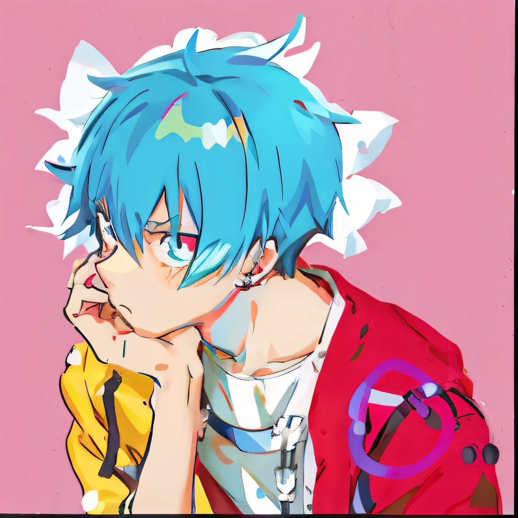 Anime boy with blue hair and red jacket leaning on chin, 2 d anime style, 2d anime, 2D art, 2 d art, trigger anime artstyle, 2 d gorillaz, Anime boy, anime moe art style, 2 d from gorillaz, 2d from gorillaz, anime art style, style of anime, made with anime painter studio