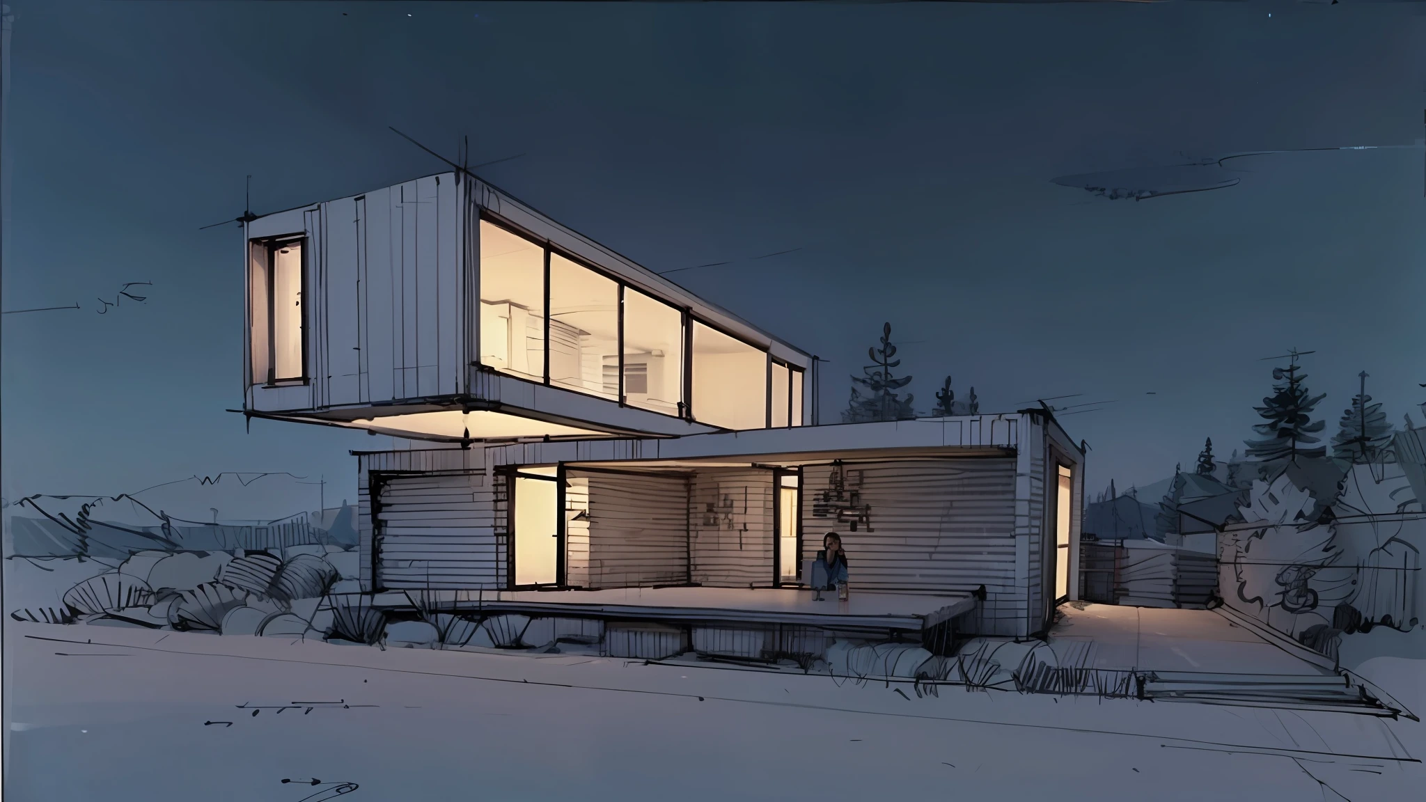 sketch, building, people, car, tall trees, landscape, blue sky, night