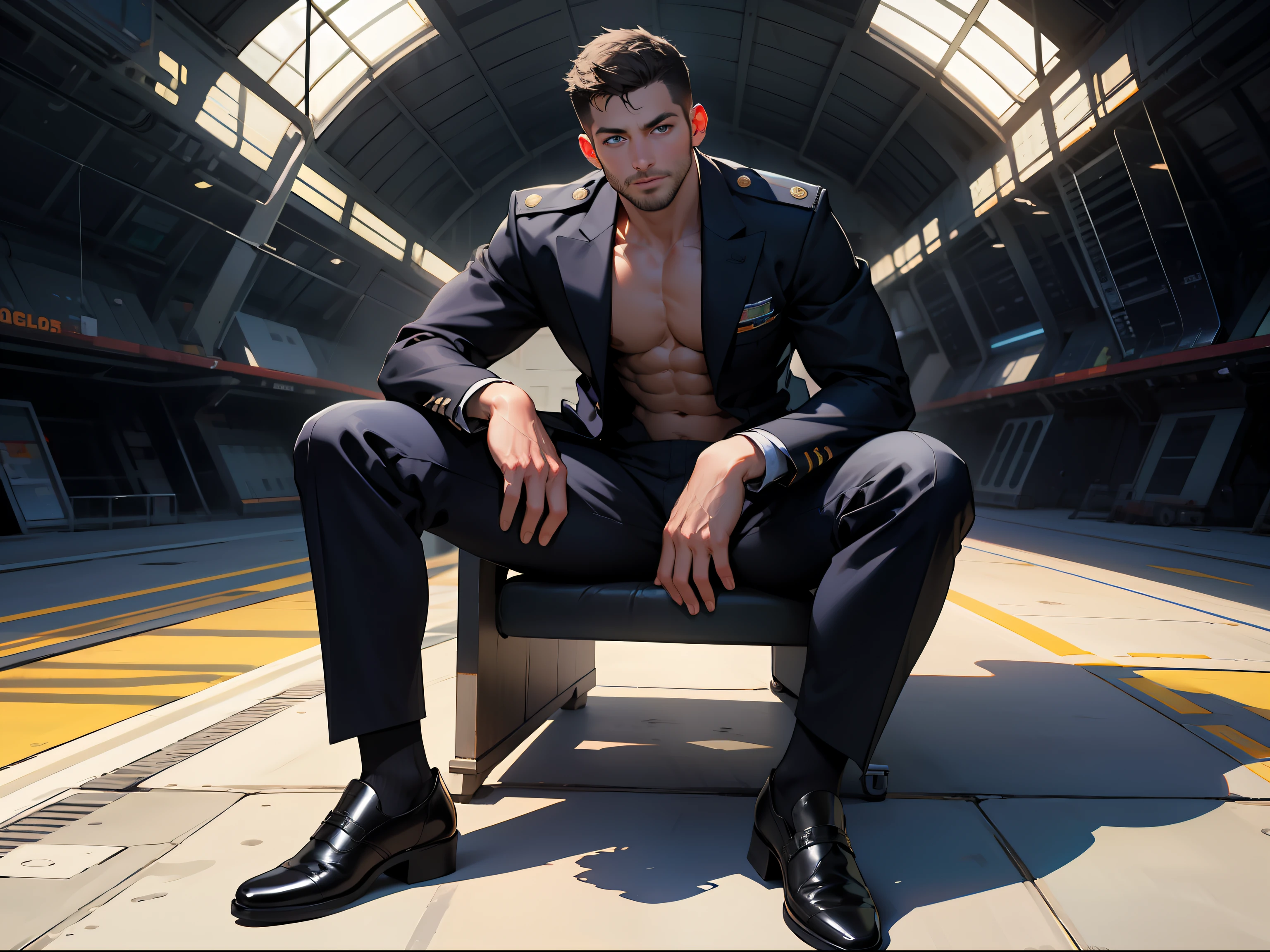 masterpiece, best quality, face, natural eyes, 1man, solo, big feet, black socks, full body, (in suits), large bulge, long legs, looking at viewer, 30 years old, muscled and mature, pilot, pilot in uniform, short haircut, blue eyes, topless, shirtless, open chest, eight-pack abs, sexy,