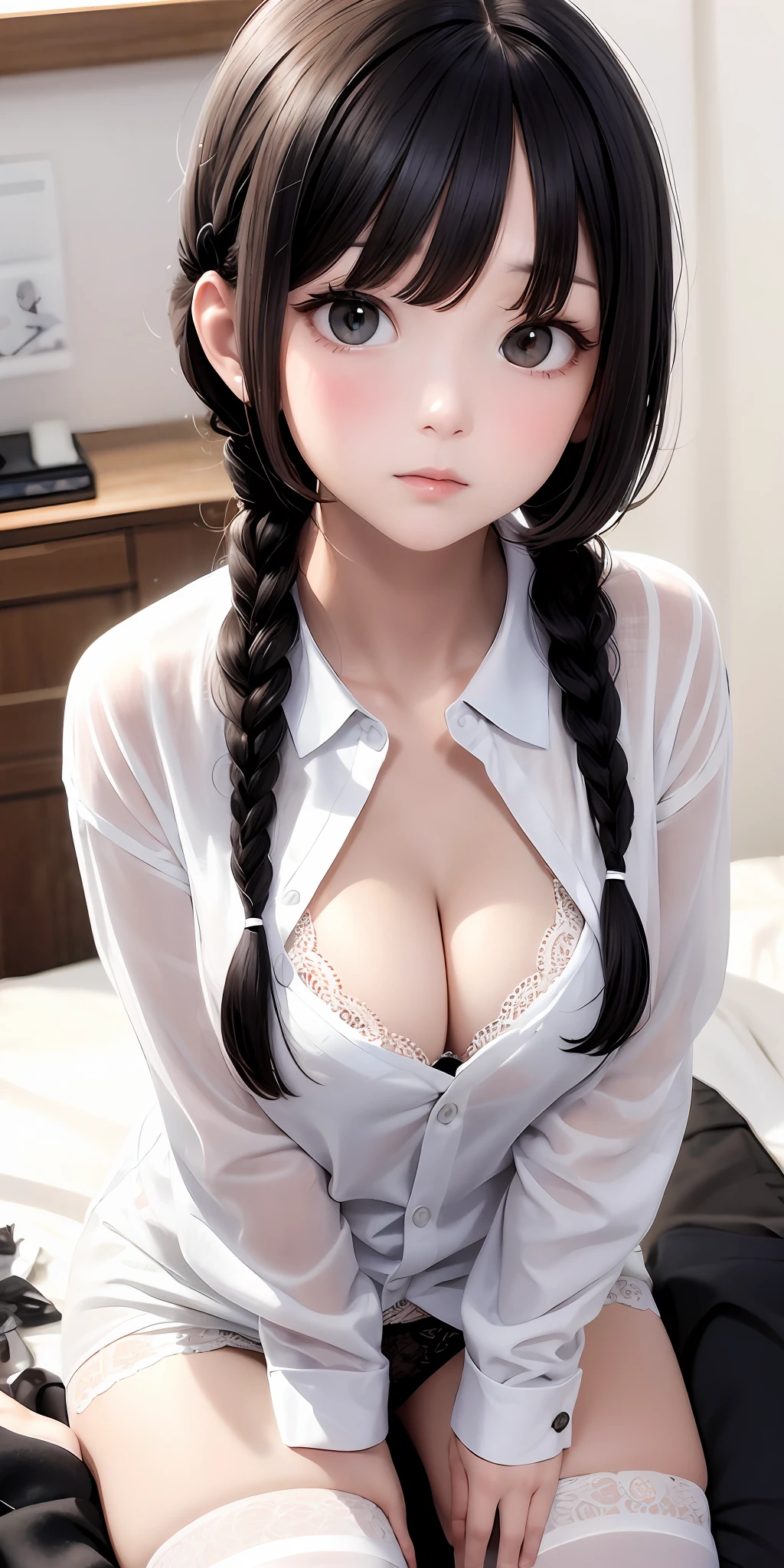 Need,tmasterpiece,whaite hair,Black eyes,white shirt,Look up,The upper part of the body,Hairline,Fair skin,SideBraid,Raised sexy,white lace legwear,cleavage