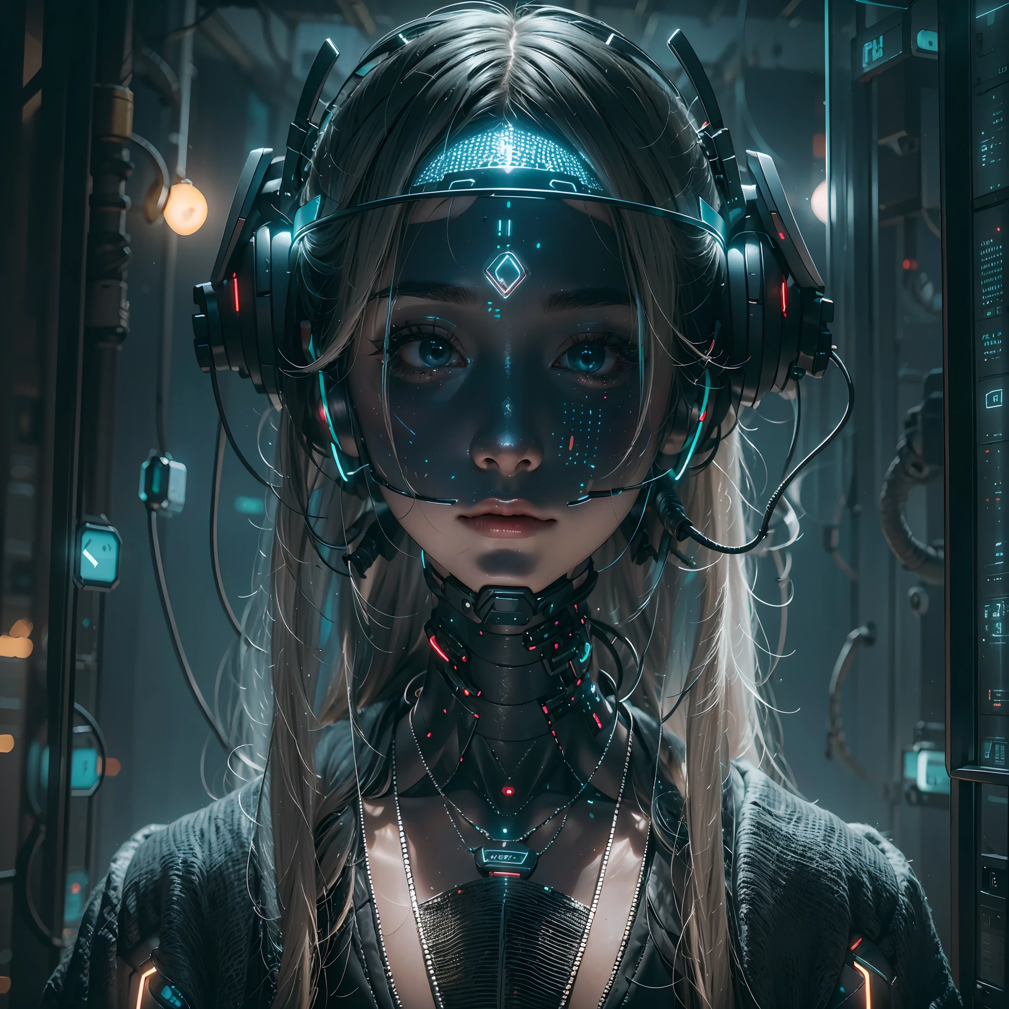 1girll，Perfect facial features，delicated face，(((Clean face)))，(cyber punk perssonage:1.3)，Bring headphones，shelmet，jewely，eardrop，choker necklace，inside in room，Electronic wire background，best qualtiy，tmasterpiece，Movie filter presets，movie level lighting，c4d渲染，rendering by octane，with light glowing，High chiaroscuro，