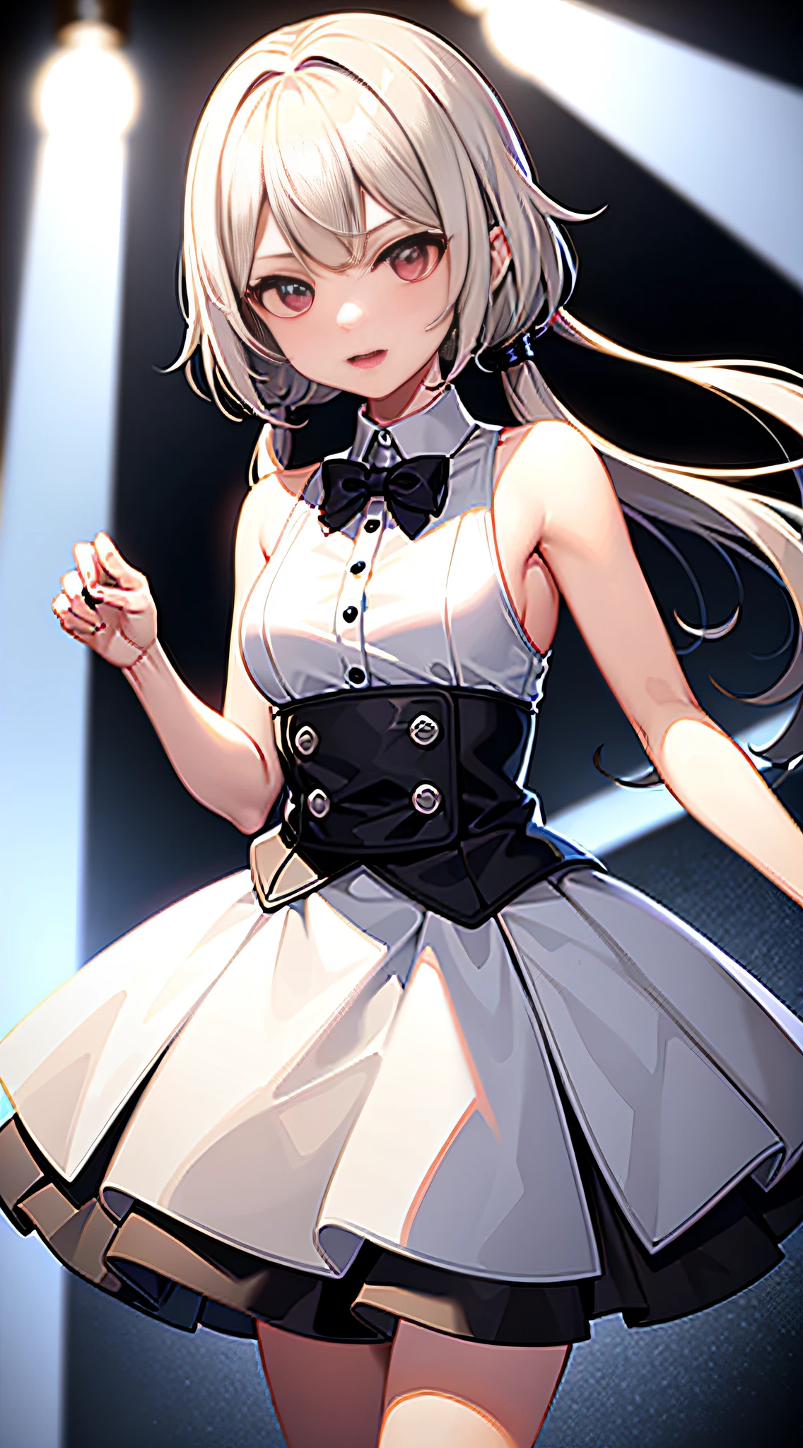 best qualtiy,超高分辨率,1girl,sleeveless white button shirt,a black skirt,18yr old,adolable,(Kpop idol),(aegyo sal:1),(Platinum blonde hair:1),((puffy eye)),It looks like in front of the audience,(full bodyesbian:1.5),facing the front there