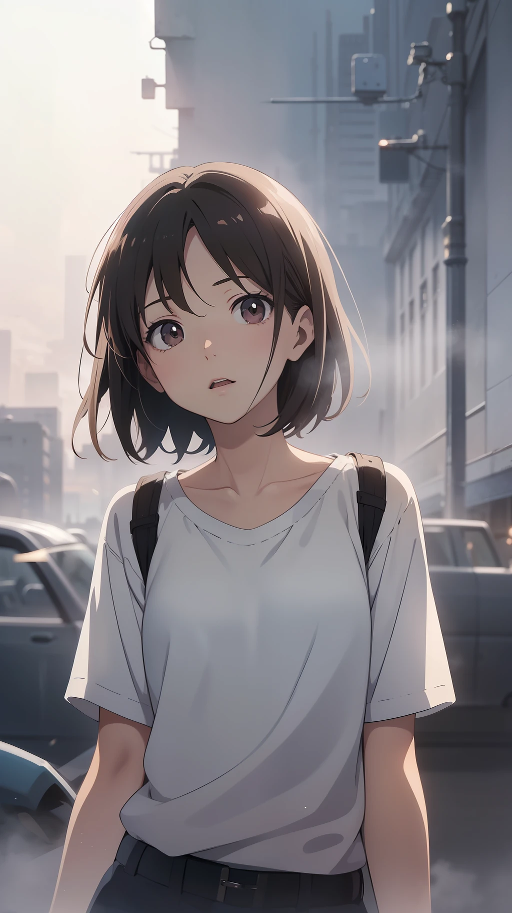 Detailed and precise illustrations in anime style. Very cute young woman, short brown hair, wearing a white shirt. Perfect round gray eyes, looking up to the heavens, eyes wide open, fantastic background full of foggy light, daydream, Makoto Shinkai anime style