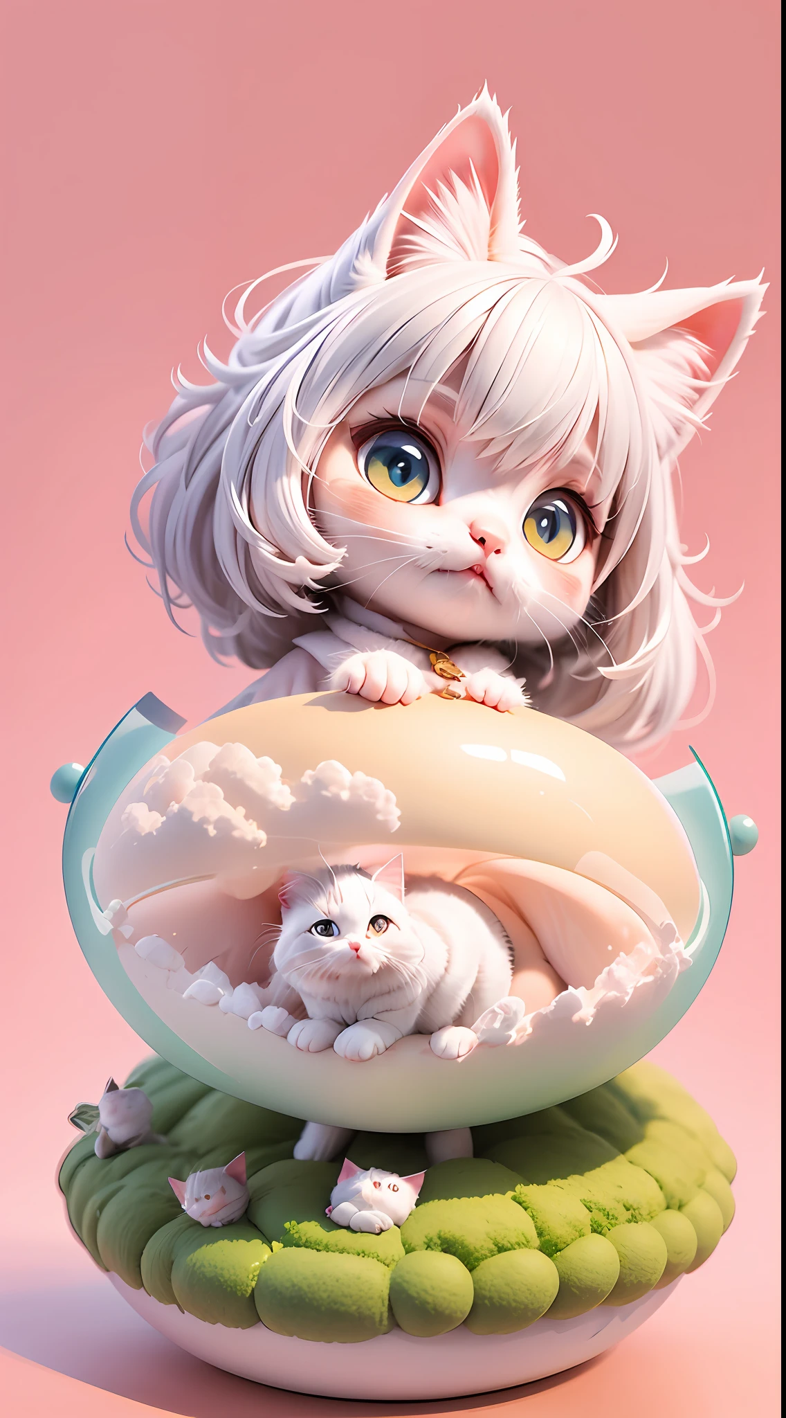 A white-haired kitten,adolable,spherical,afloat,shaggy,Big eyes,Non-human,In pink,Simple,Morandi color system
