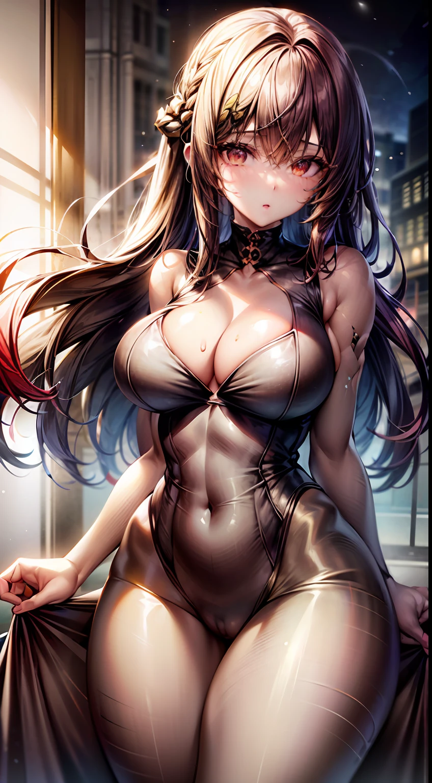 ((Night, Realistic Light, Best Quality, 8K, Masterpiece: 1.3)), Slender Beauty: 1.4, Stand Abs: 1.1, (Brown Hair, Big: 1.2), Moist Silk Dress: 1.2, Bathroom, Super Slender Face, Full Eye Detail, Double Eyelids). {{Masterpiece}}, {{Best Quality}}}}, {{Super Detail}}, {{Illustration}}, {{Disheveled Hair}}, {{Masterpiece}}, {Highest Quality}, {{Super Detail}, {{{Illustration}, Beautiful scenes, clear facial features, hyperrealistic, octane rendering, UE5, high detail, hyper quality, high resolution, art station trend, Hyperrealism, Surrealism, HD, 16K, Telephoto Lens, Medium Close-Up, Split Lighting,