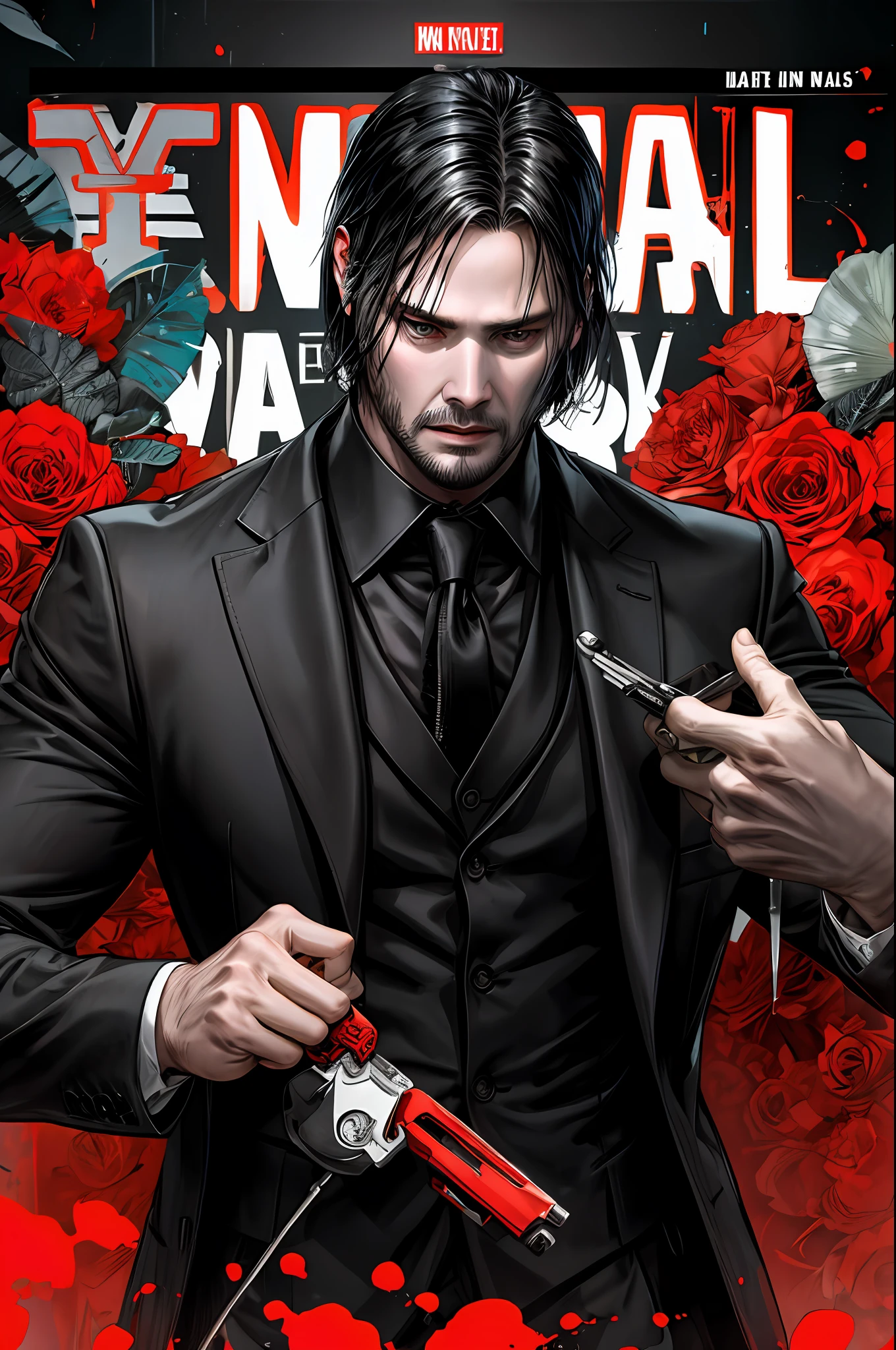 hard colors noir comix style John Wick, white and black and red