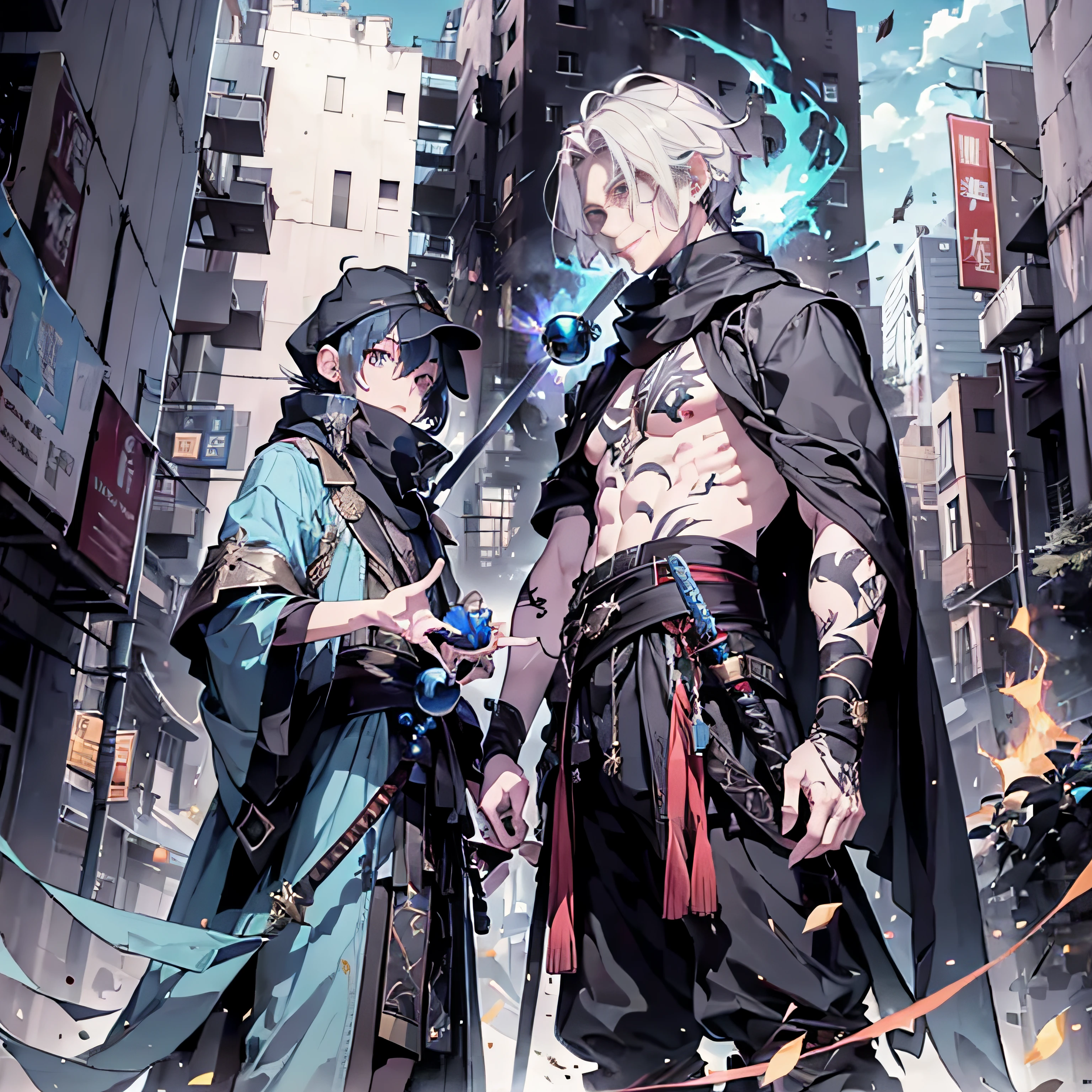 Two men with swords，Hand in hand waving，Holding a blue bead in his hand，Holding a blue bead in his hand，tmasterpiece， best qualtiy， 独奏， A boy with long white hair， red white robe， Handsome， Fine Eye， Fine Eye， finely eyes， Bright red eyes， 详细的脸， Black scarf， bared  chest， carry two swords， dual swords， Tattooed with， from below， looking down below， Ruined city， background inside dark， swirles， spark of light，Holding a blue bead in his hand