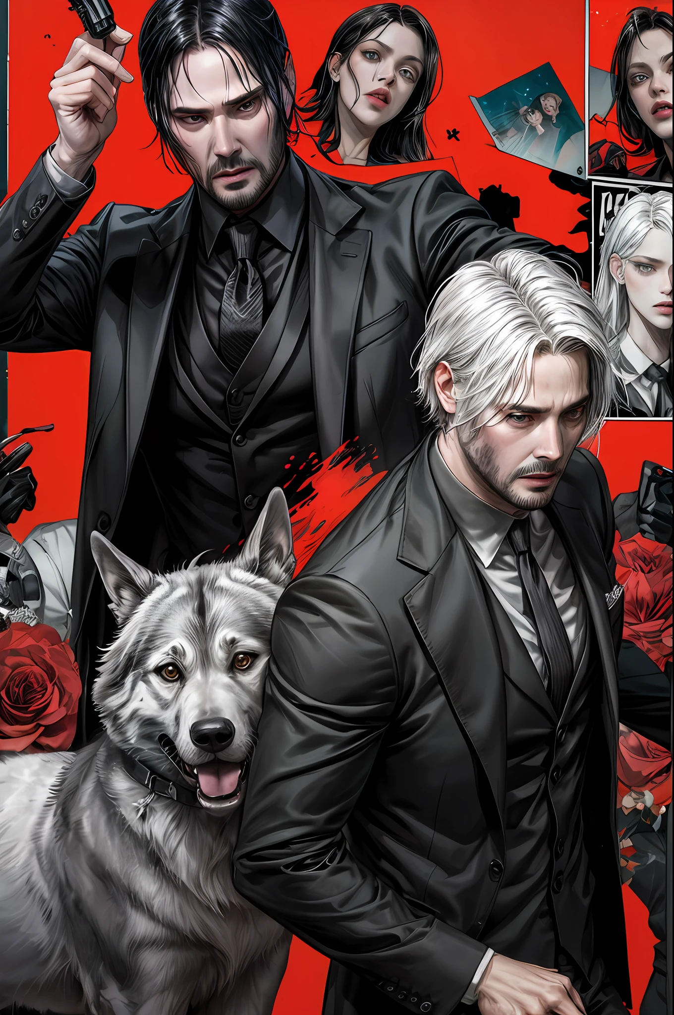 hard colors noir comix style John Wick, white and black and red