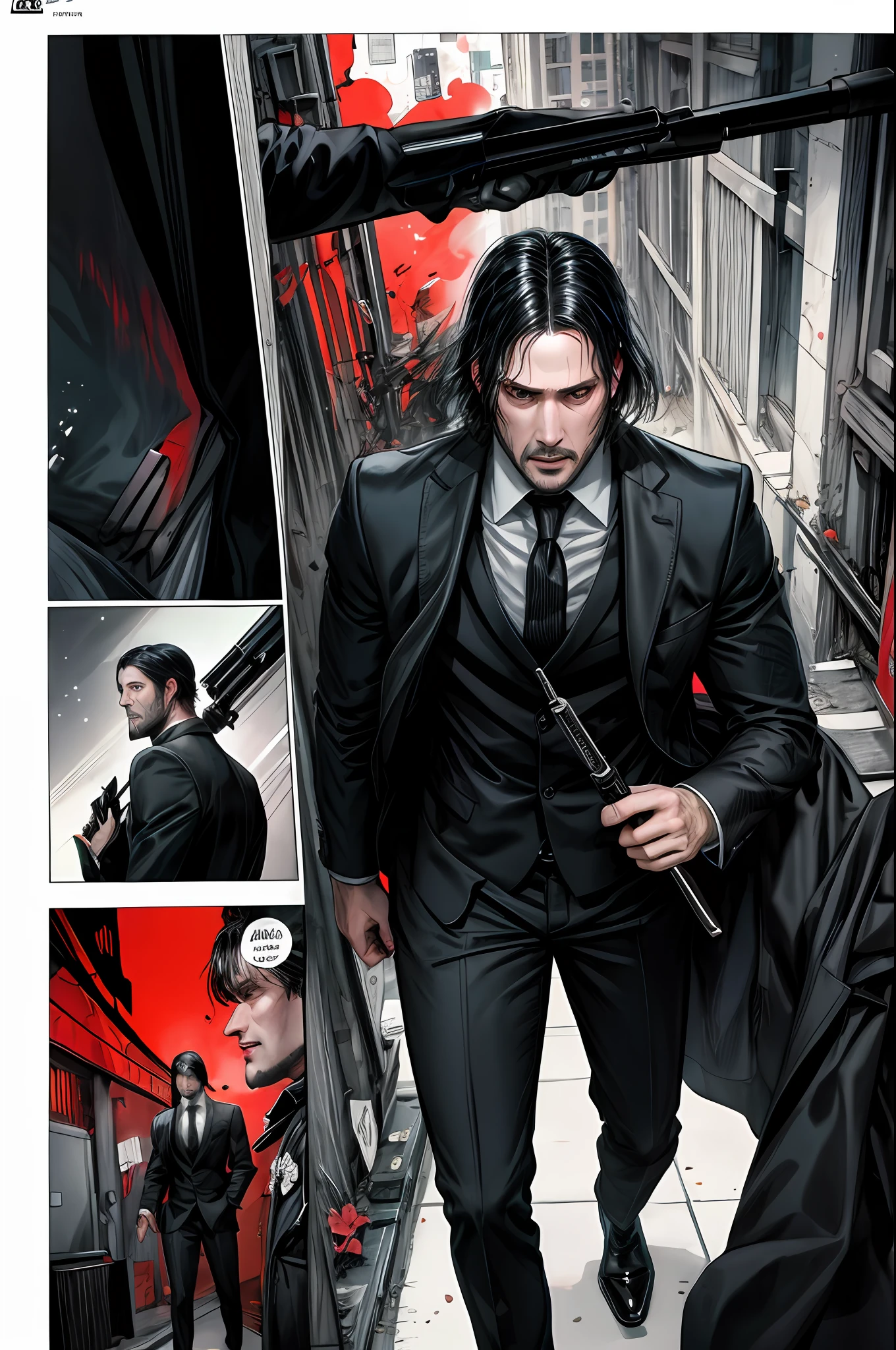 hard colors noir comix style John Wick, white and black and red