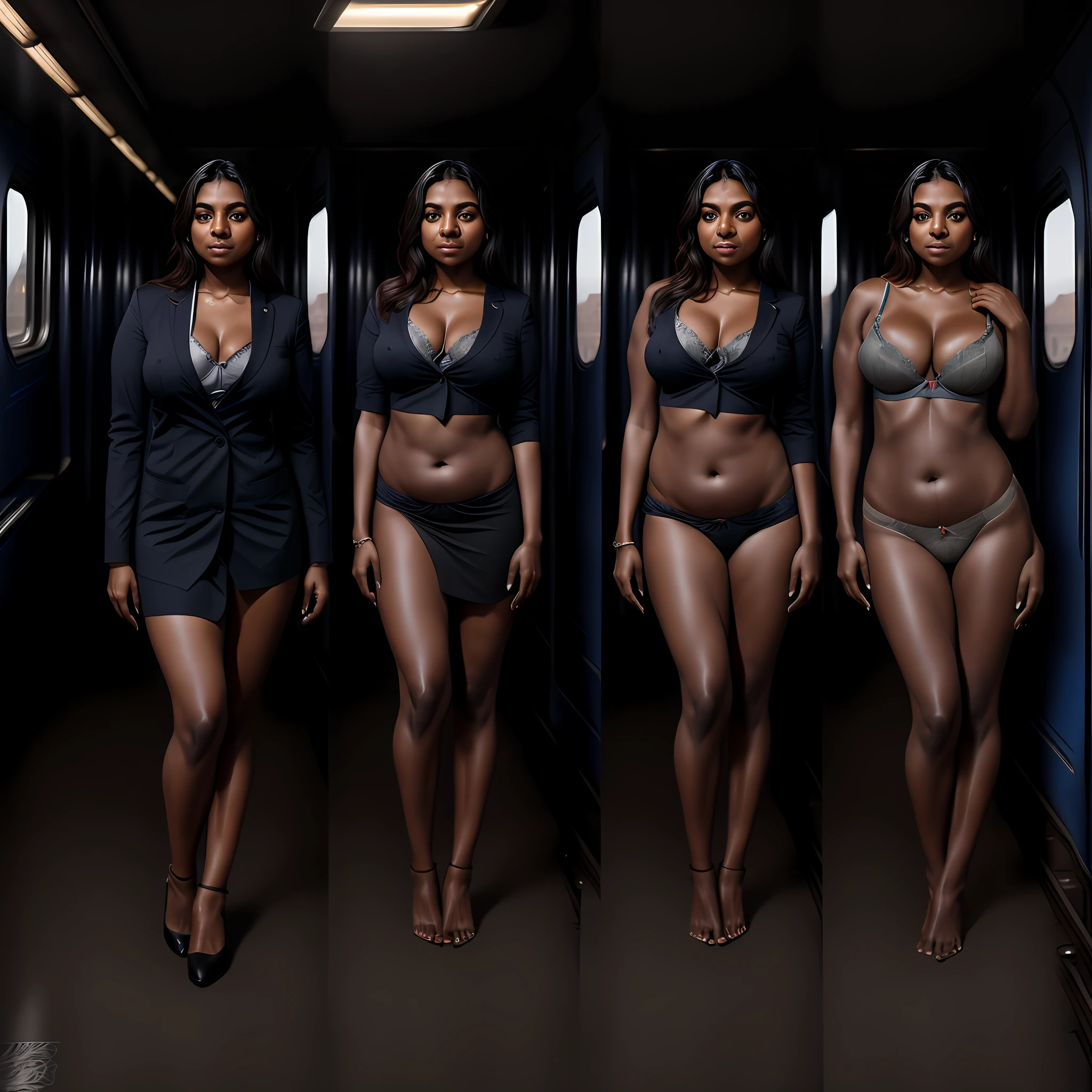 (Split screen:1.5),Indian dark skinned Tamil woman wearing a shirt , blazer and a long skirt, standing in a train , going to work,(((full body))), photography, detailed skin, realistic, photo-realistic, 8k, highly detailed, full length frame, High detail RAW color art, piercing, diffused soft lighting, shallow depth of field, sharp focus, hyperrealism, cinematic lighting,(anatomically correct:1.4), (curvy,busty:1.2)