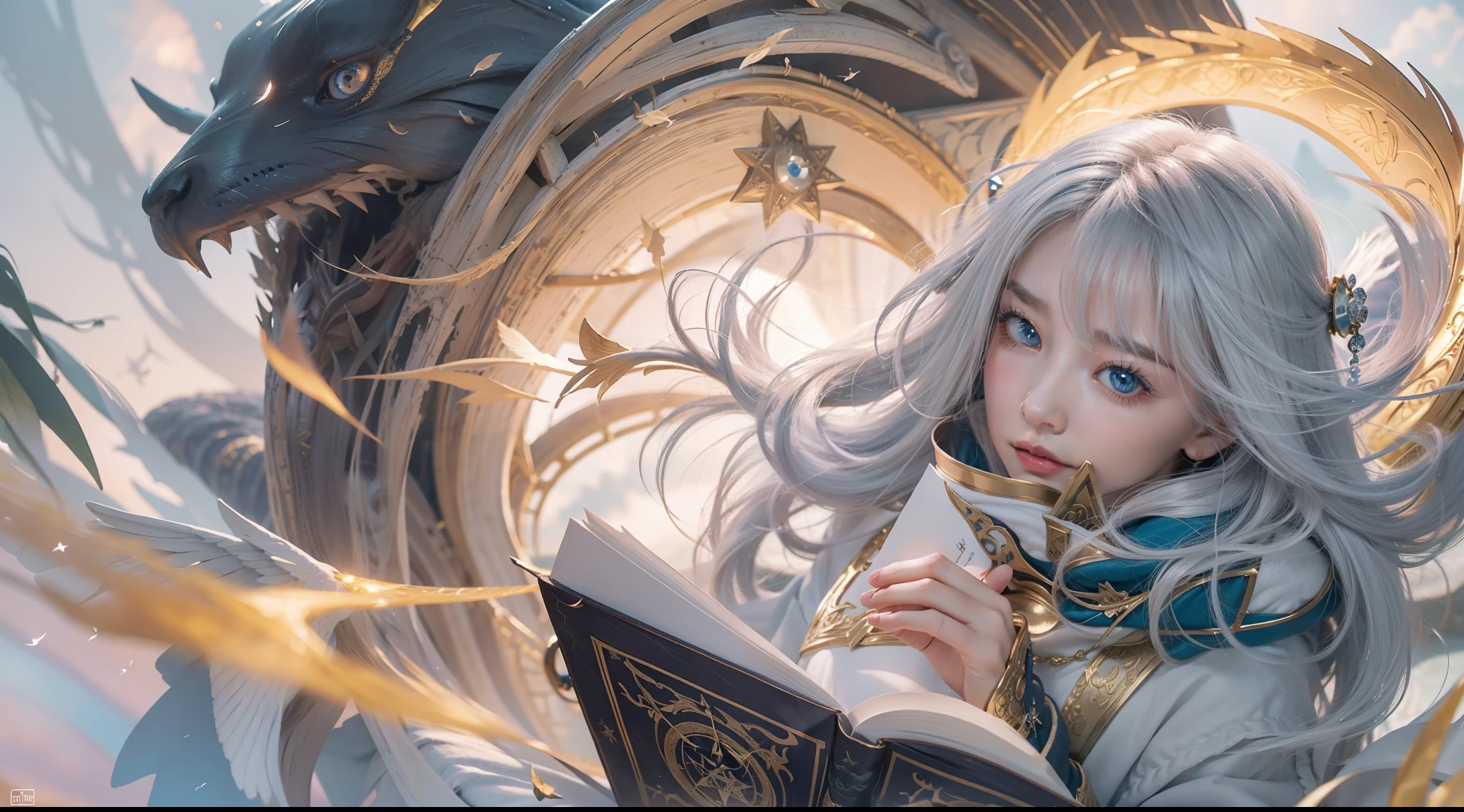 Magic Book,Blood,Night, Dark, (Fantasy),infinite,deep blue sky,The abyss of knowledge,Cowledge,((masutepiece)), (((Best Quality))),((Beautiful fine eyes)),(Eye lashes)、Beautiful girl riding a white tiger、(1人)、Perfect human body structure、Black hair、The long-haired、abyss eyes、glowy skin、oils、small tits、(Bird body、pluma)、Wizard robes、tattered cloth、Realistic coat、Tee、elvish、Super delicate CG Unity 32k wallpaper、masterpiece, ((ultra-detailliert)), ((illustratio)),colourfull,wall-paper,The energy,Unknown terror,Incomprehensible,Around the magic,Magical surroundings,magic wands,Boken,Flying pages,Know everything,Predict the future、Get to know the past、Infinite wisdom、blue flames、Warlock、magic circles、Pentagram、Spells、mantra、Singing magic