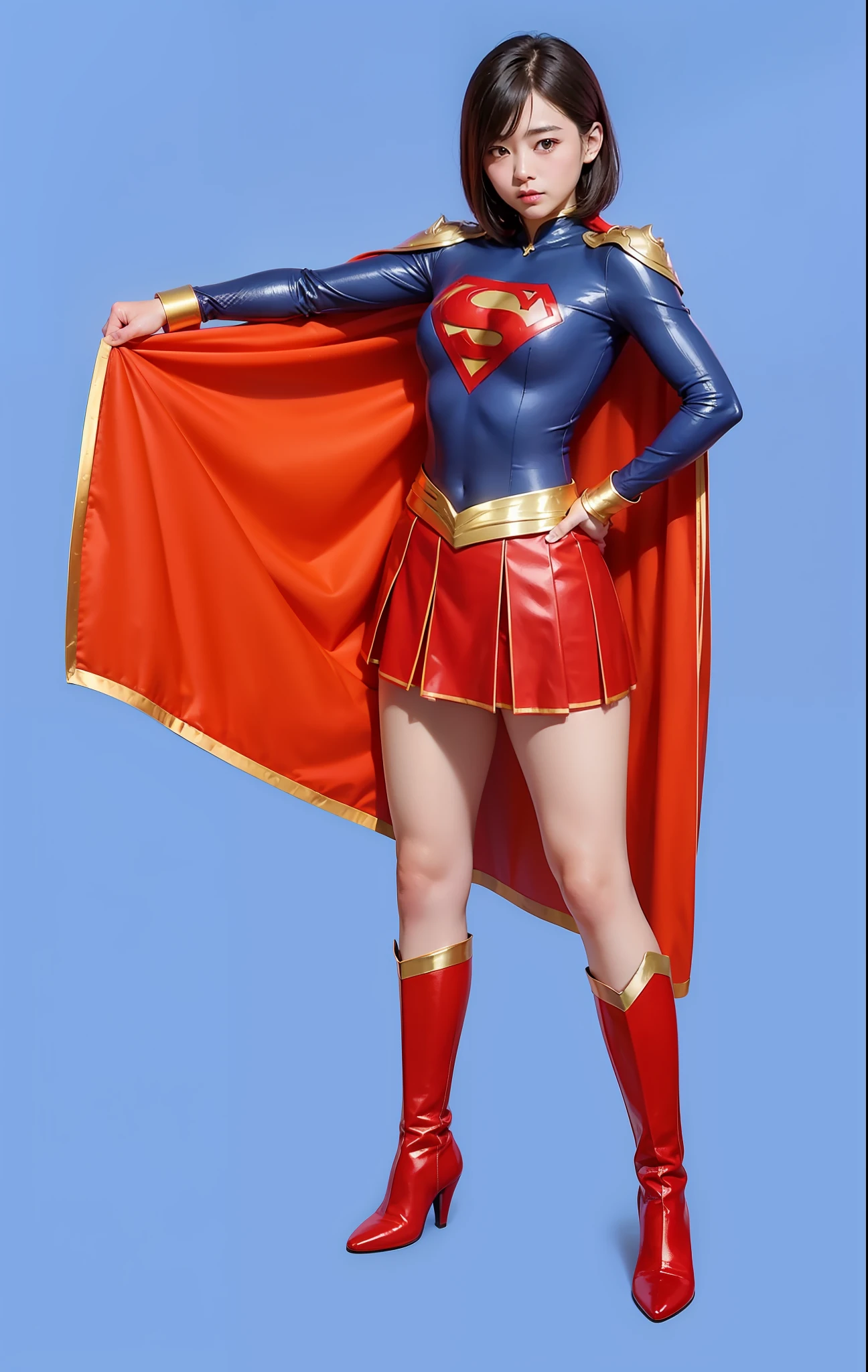 ((top-quality、8K、masterpiece:1.3))、女の子1人、Beautiful woman with slender abs:1.3、(Medium short hair)、hyperdetailed face、Patch Order、二重まぶた、Superheroine、Ally of justice、japanes、Hair is black、Skirt short、A dark-haired、Painful look、defeat、super girl