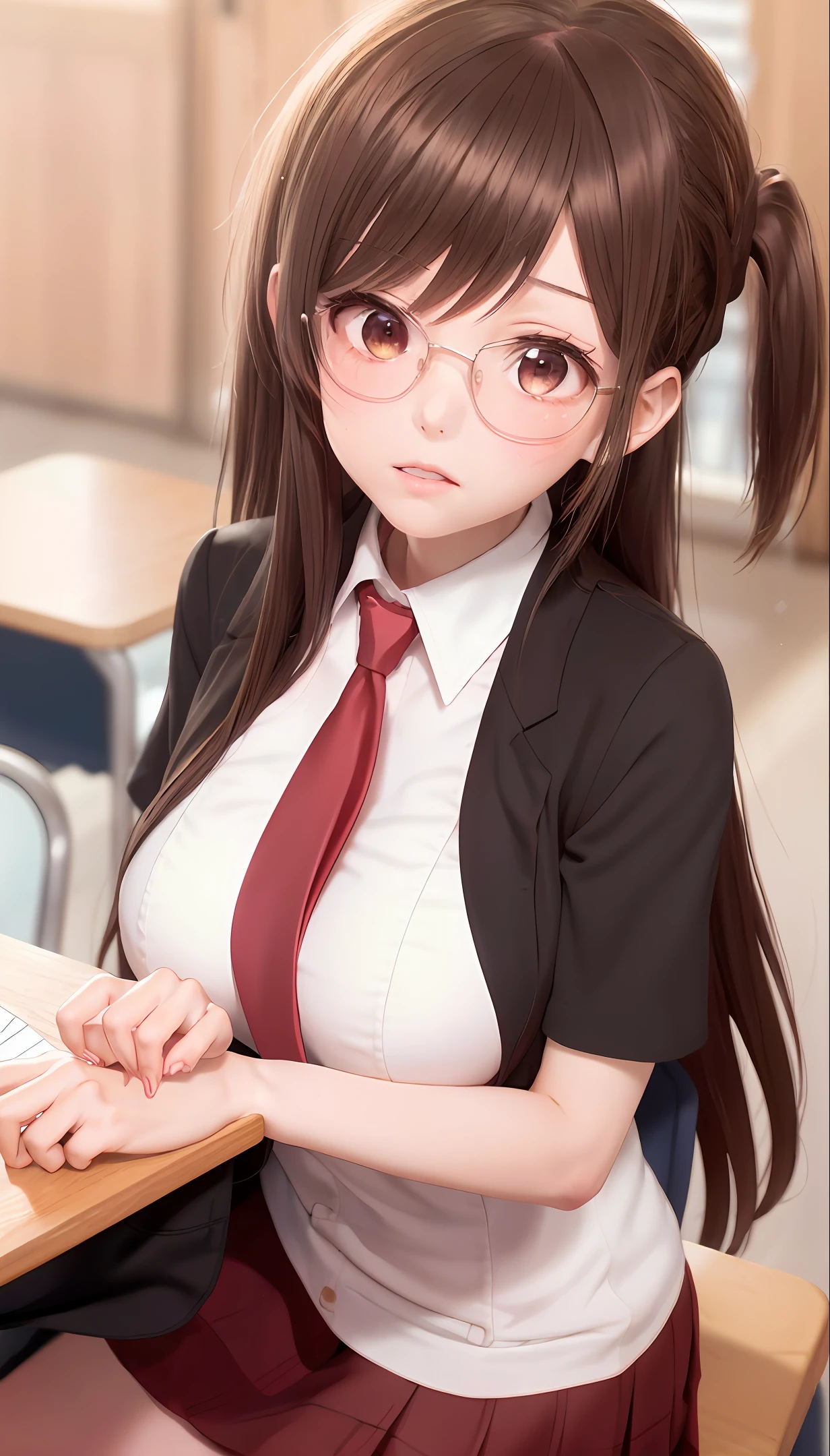 (anime, masterpiece, highres, best quality, ultra detailed, detailed background:1.2), 1girl, long brown hair, wide ponytail, brown eyes, pale skin, large sagging breasts, semi-rimless eyewear, school uniform, red necktie, blue skirt, classroom, facing viewer, sitting, breast rest on table, wet clothes, wet shirt, pink bra, flustered, full-face blush,