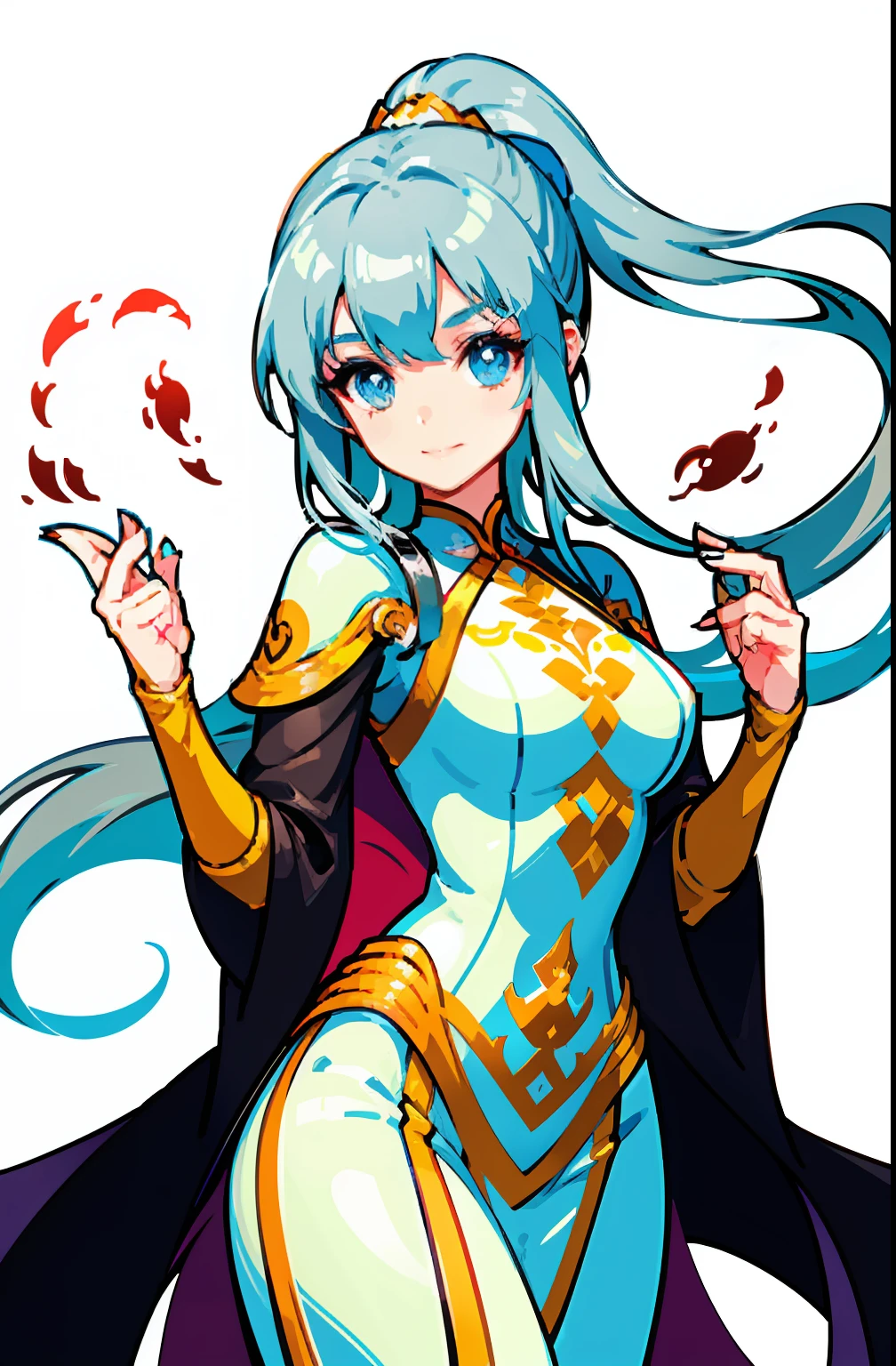 offcial art,品质最佳,finedetail,close-up all over the body,A beautiful white girl,Costumes for fantasy worlds,wearing a white skirt,Long white hair shawl,hair flowing,Very long ponytail,Manners are elegant,with a faint smile on his face,Floating in the air,Perfect figure。