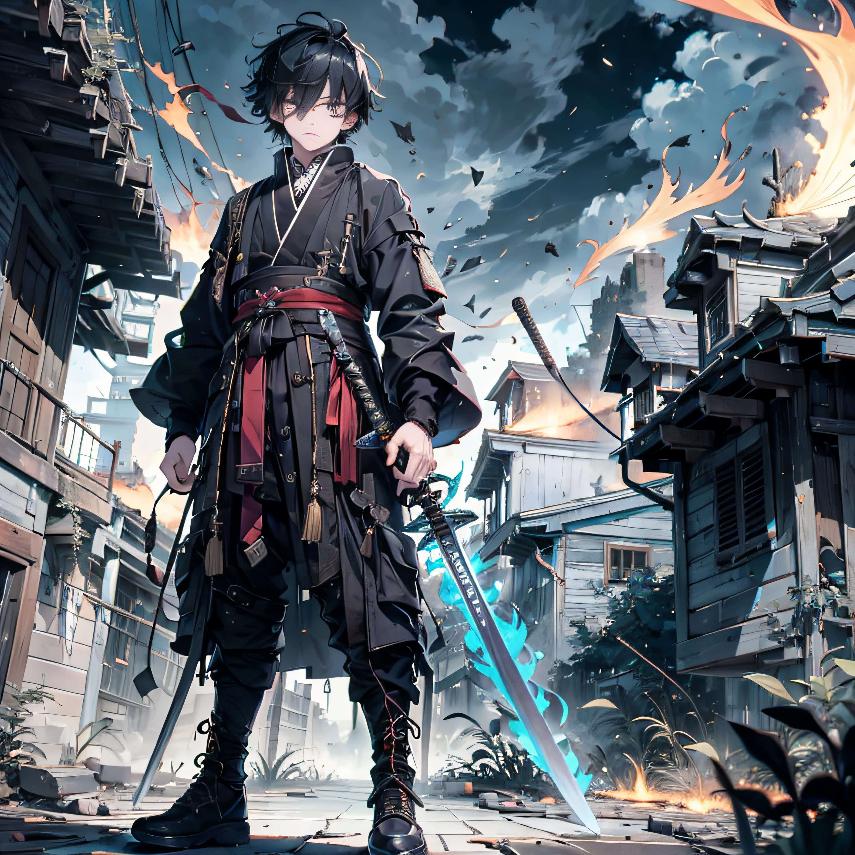 Two boys,A boy with short hair and black hair,Black long-sleeved hanfu,A bald boy,burly build,Bald boy,burly build,Brawny,Brawny,nigth,the night,best qualtiy,Ultra-long viewing angle,A bald boy,Turn your head to look at a person,Back shadow,Black long-sleeved hanfu, Fine Eye, 详细的脸, Detailed eyes,Wield a sword, A sword surrounded by red flames,Wield this sword,full bodyesbian,Ultra-long viewing angle,visto ao longe,from below, Look up, Ruined suburbs,Dilapidated old house,background inside dark,Ultra-long viewing angle,A dilapidated house in the distance,sword-wielding,sword-wielding