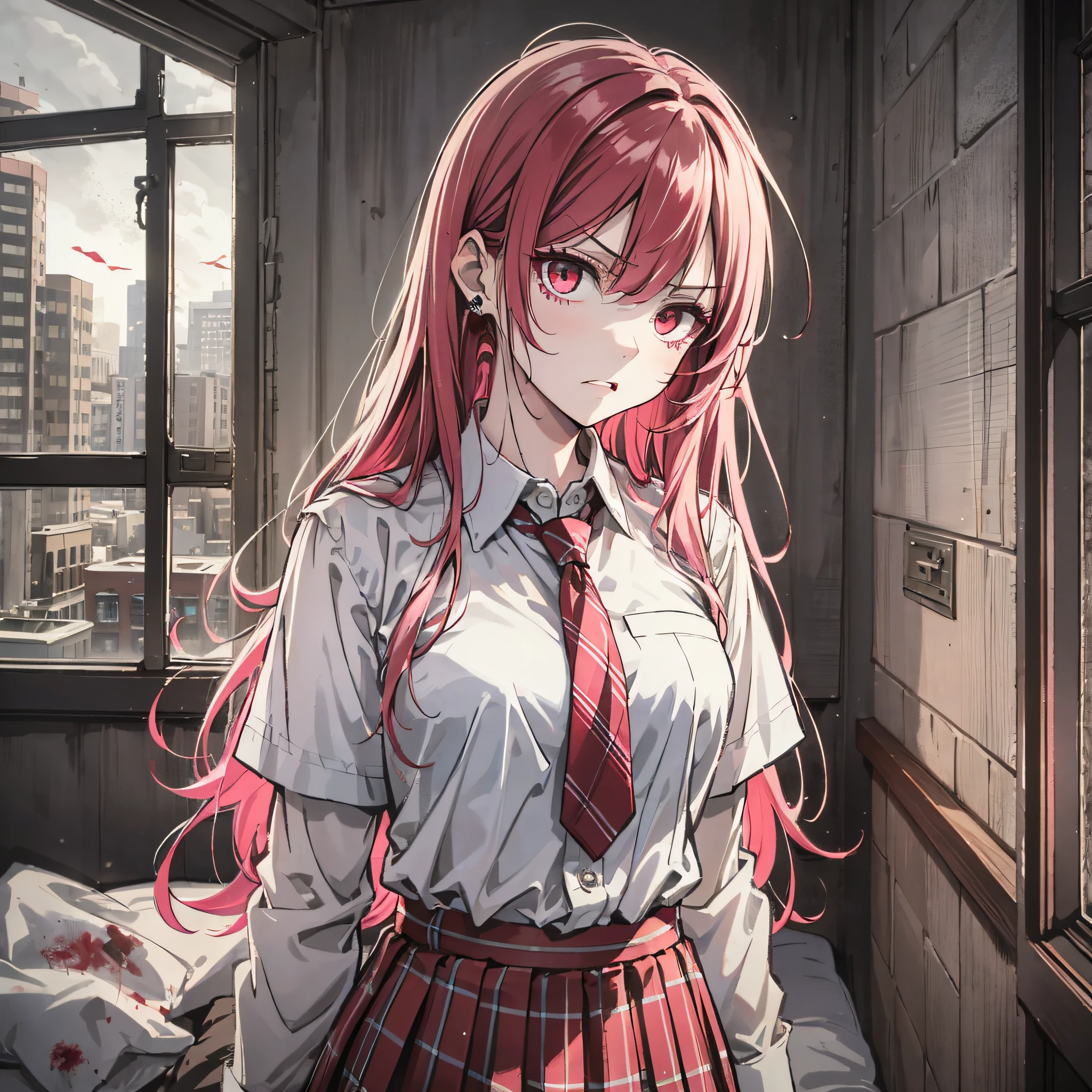 Ridiculous resolution,A high resolution,(tmasterpiece:1.4),Hyper-detailing,Pink Long Hair, 1girll, dual horsetail, Solo, red color eyes, Angry, white necktie, Pleated plaid red skirt, school uniform, Zombie role-playing,sobu,onbed,Zombie apocalypse,Zombie outbreak