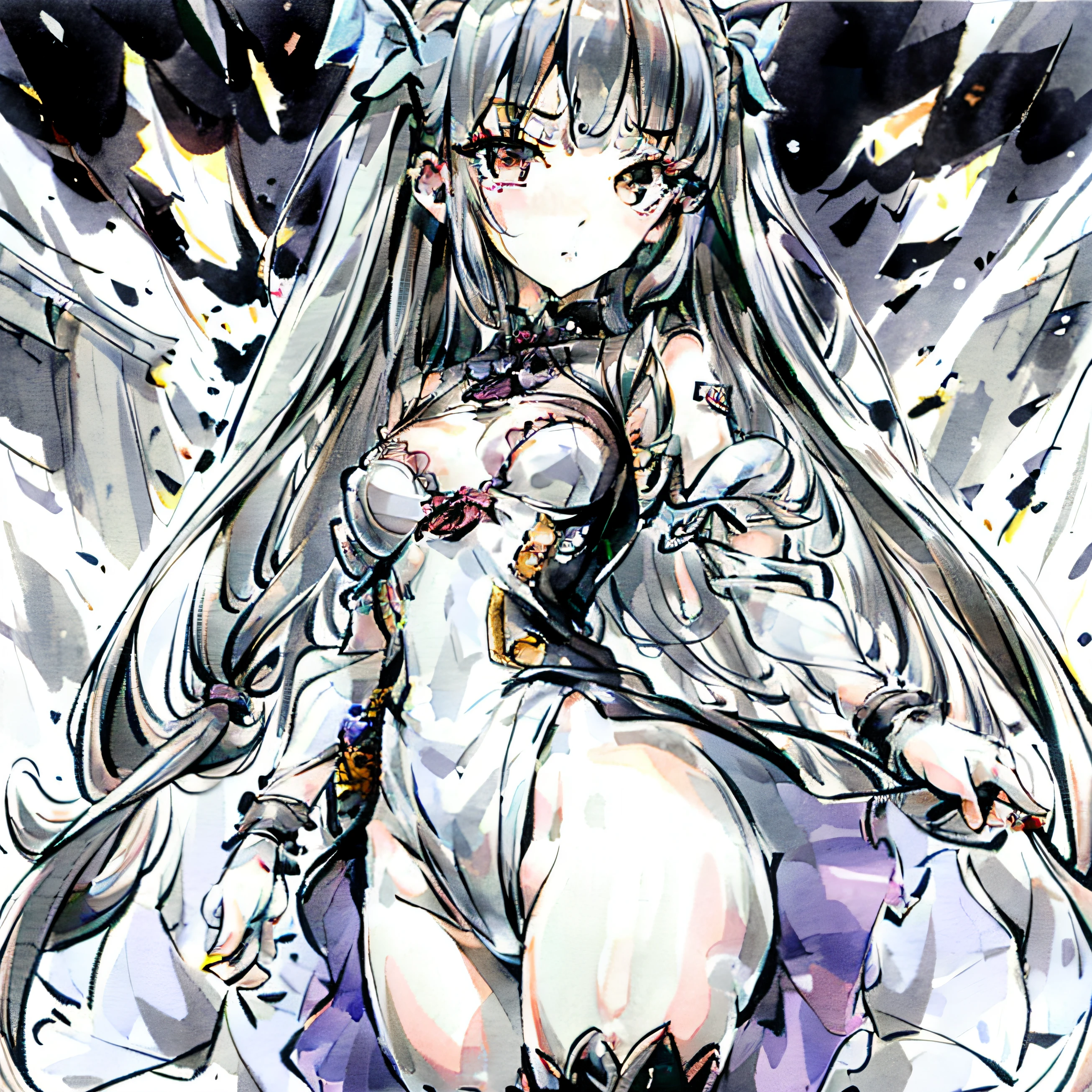 Shrink the suit, focus on a close-up shot of a girl with silver hair. She should be blinking and dressed as a vampire in a torn ta dress. She should have medium-sized breasts and be 18 years old. Capture a full-body shot with intense lightning, showcasing realistic and detailed skin, no underwear, bloody body