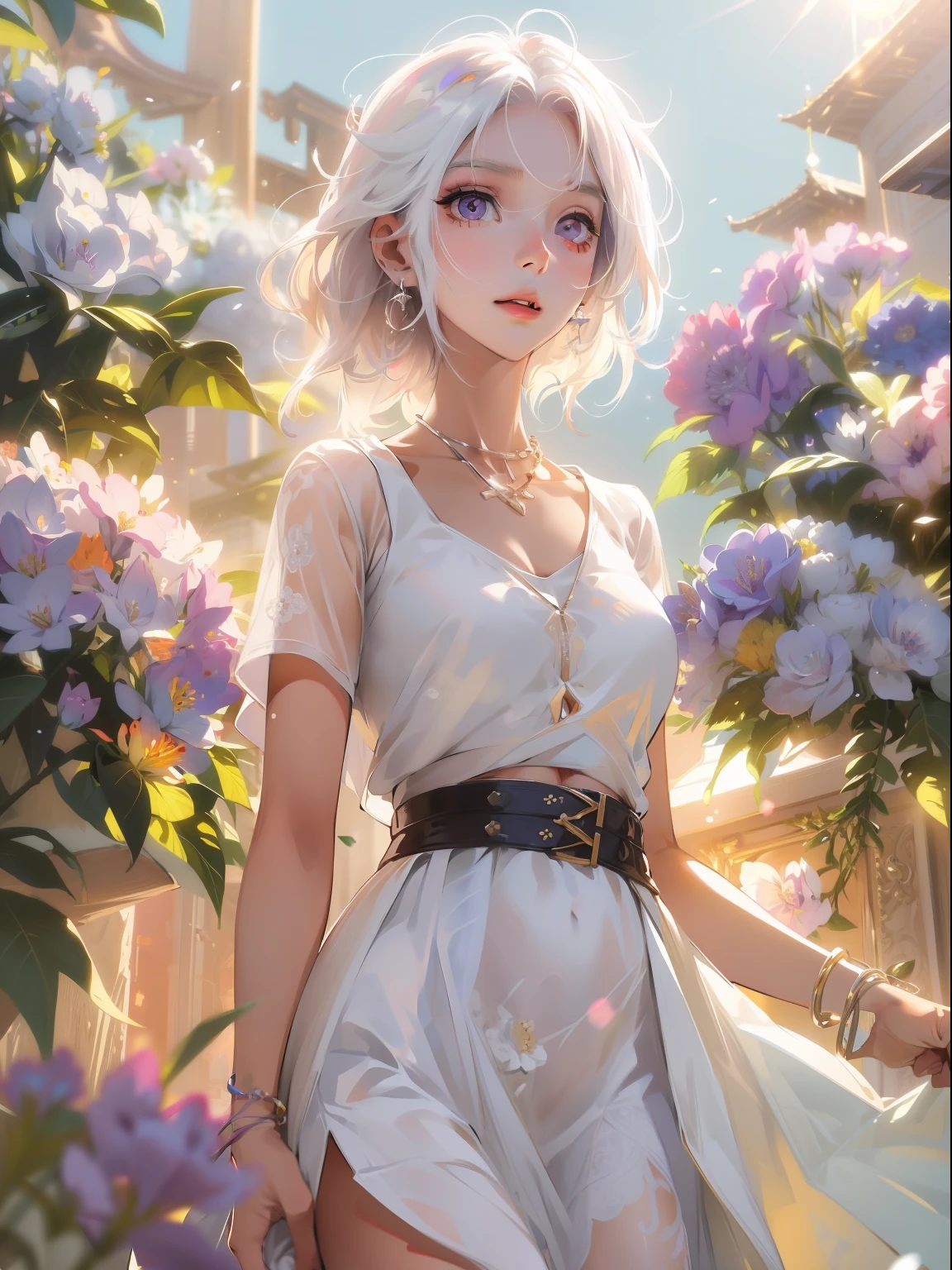Realistic, 1girl, white hair, purple eyes, glowing eyes, cropped top, skirt, parted lips, blush, night, flowers, sun, sunlight, white skirt, short skirt, medium length hair, real, warm colors, white short Dress, white clothes, light background color, day environment, bright color background, saudi, ocean, cute,