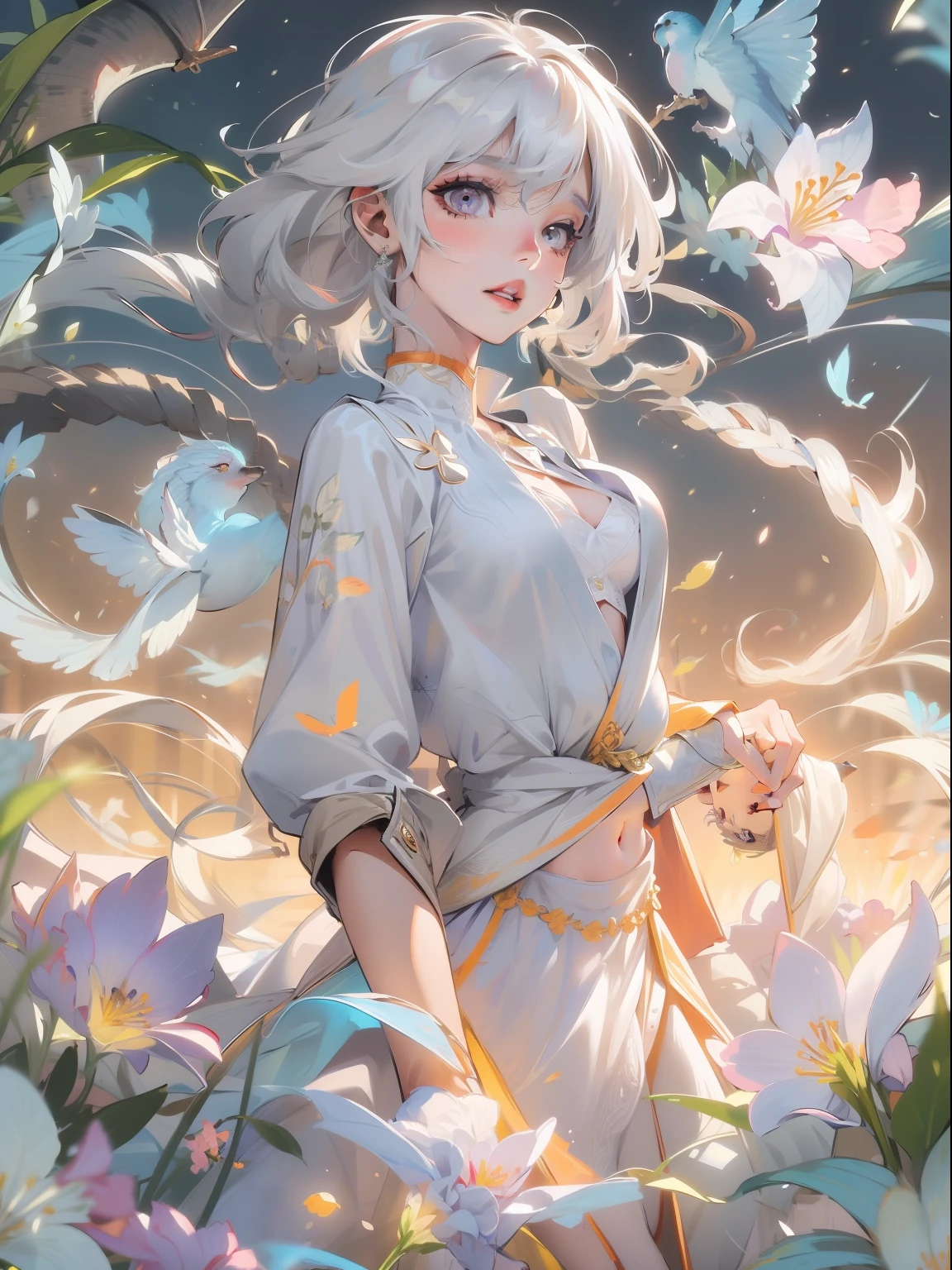 Realistic, 1girl, white hair, purple eyes, glowing eyes, cropped top, skirt, parted lips, blush, night, flowers, sun, sunlight, white skirt, short skirt, medium length hair, real, warm colors, white short Dress, white clothes, light background color, day environment, bright color background, saudi, ocean, cute,