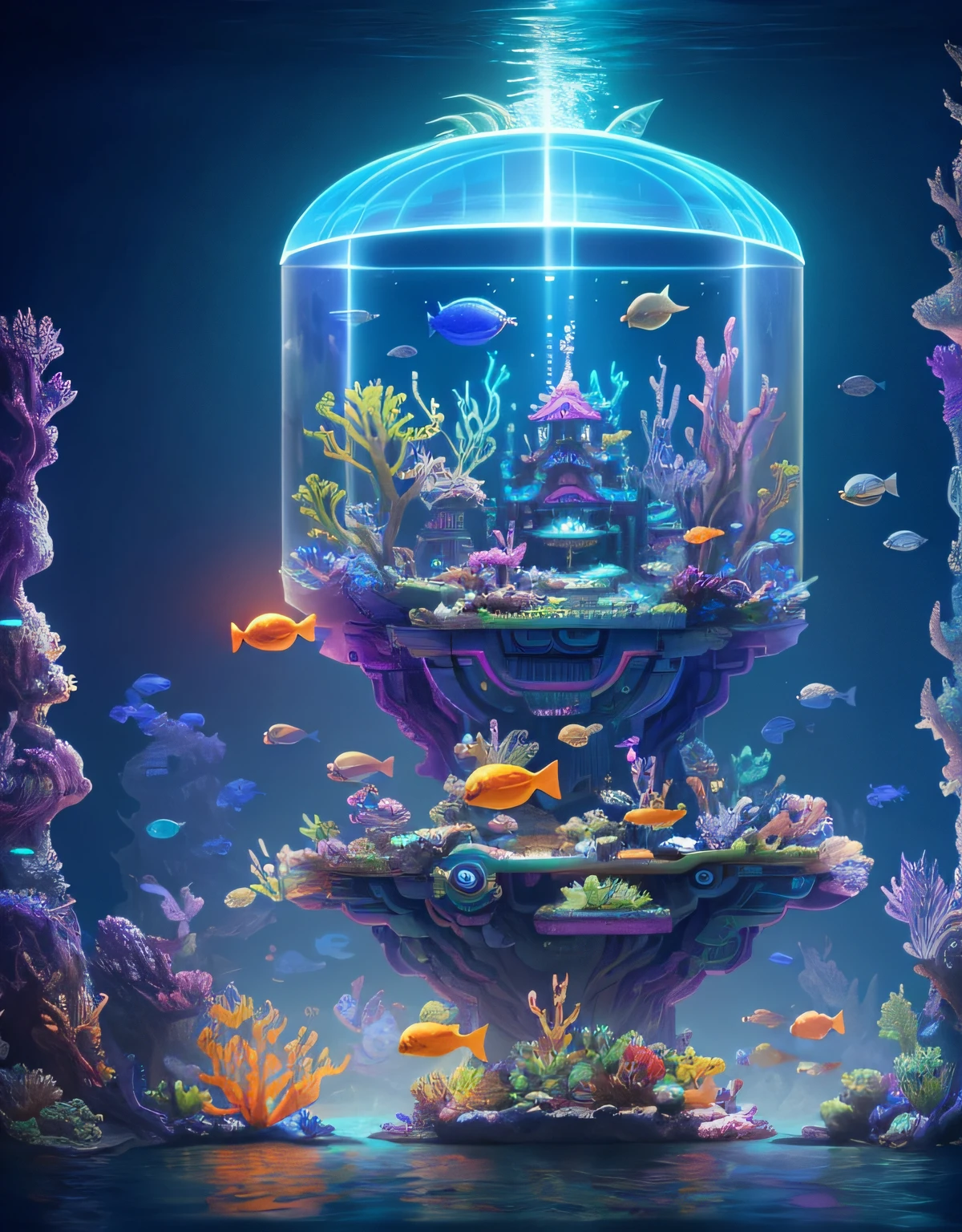 There is a fish tank,There are a lot of fish in it, Underwater temple with fish, masterpieceunderwater scene, colorful concept art, futuristic underwater metropolis, Undersea temple, 4k highly detailed digital art, detailed game art illustration, sci-fiish landscape, Aquarium, 3 d render stylized, jen bartel, an underwater city, Mobile game art