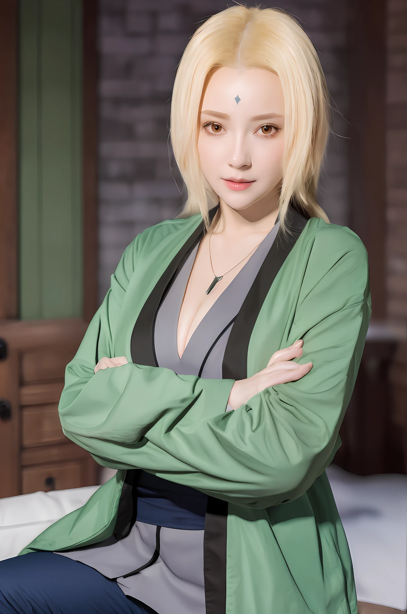 (bestquality,masterpiece),  TsunadeNS, solo, japanese_clothes, looking_at_viewer, breasts, large_breasts, kimono, cleavage, collarbone, jacket_on_shoulders