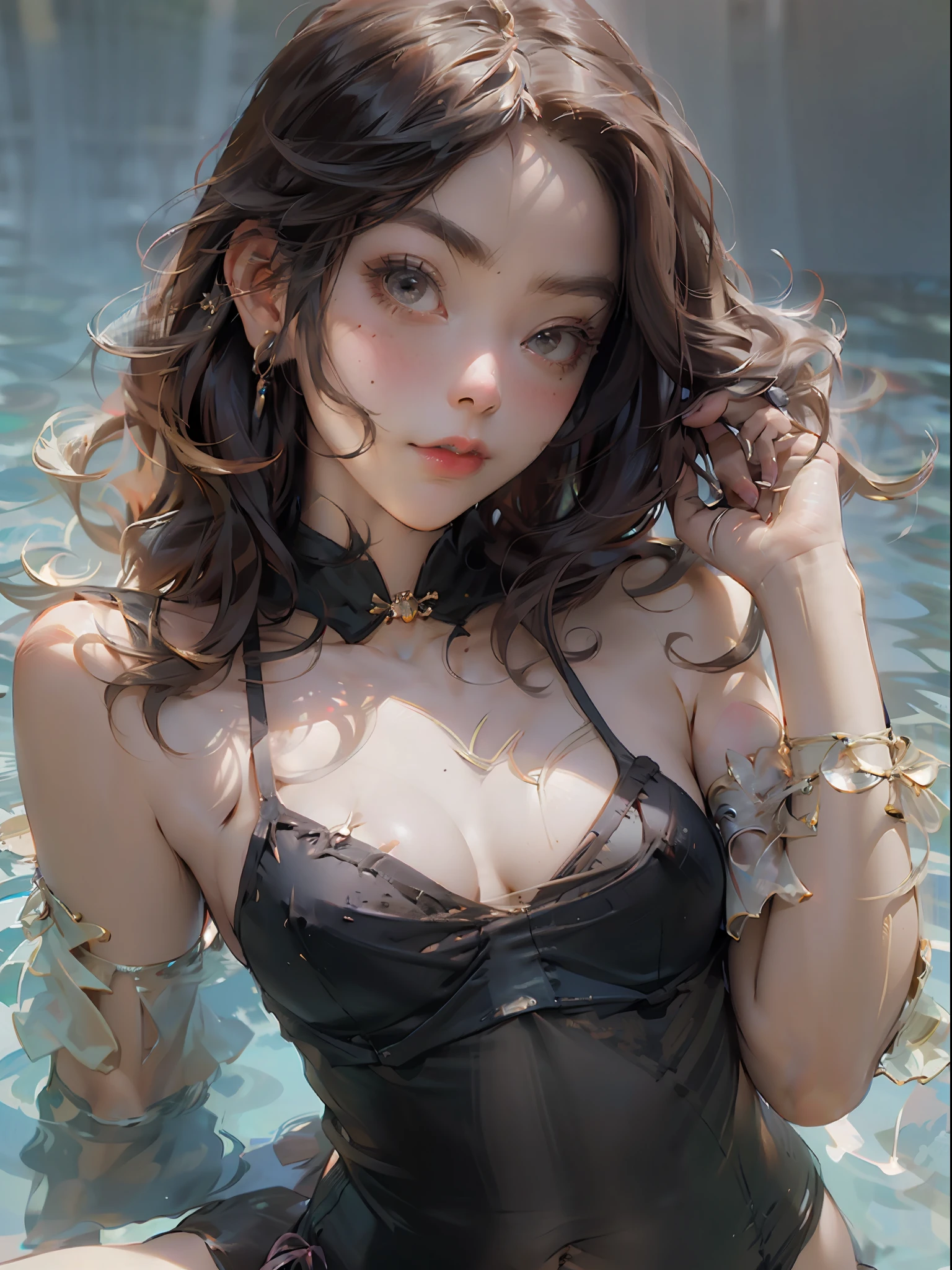 (masterpiece: 1.2, best quality), (Olivia Dunn) realistic, retro, (real image, intricate details, depth of field), (1girl, solo), makeup, parted lips, very detailed, face perfect, cleavage, sheer, erect, nsfw, (small boobs: 1.1), (skindentation), thick thighs, wide hips, small waist, big shiny coral lips, micro bikini, string bikini